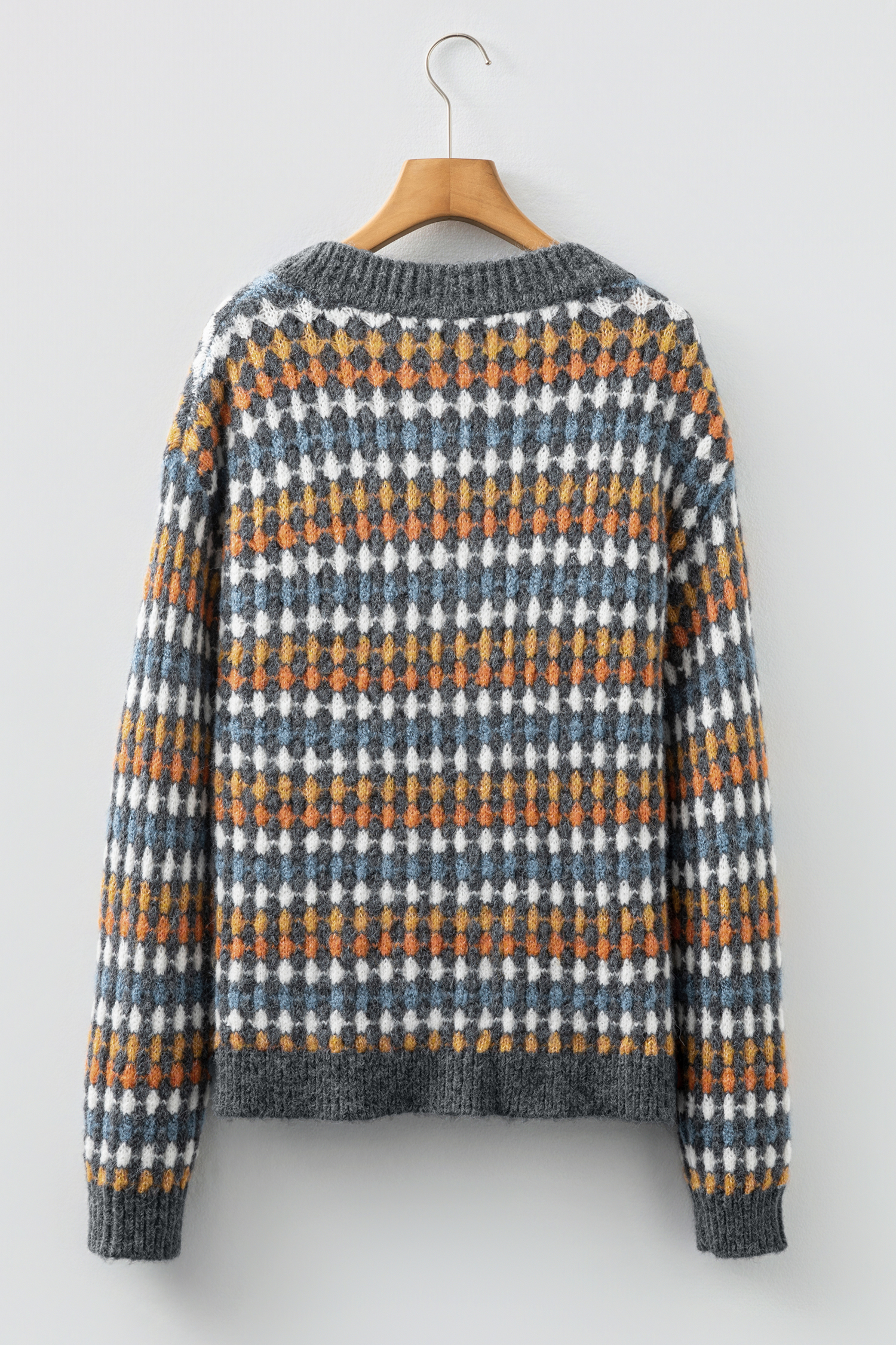 Gray Dotty Pattern Knit Button Front V Neck Sweater Cardigan