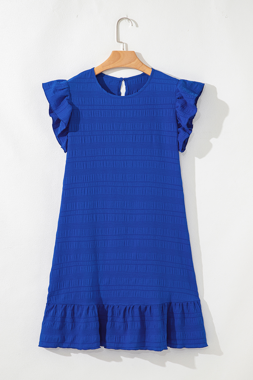 Dark Green Textured Ruffled Sleeve Round Neck Top