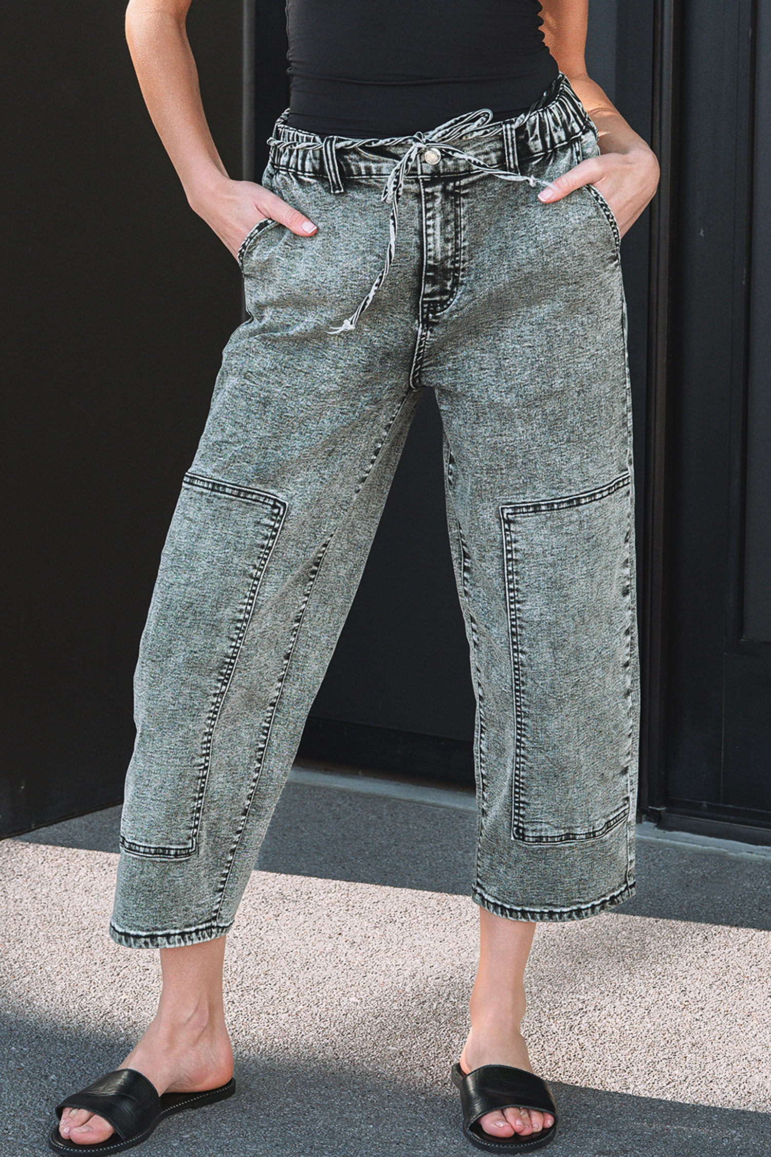 Smoke Gray Acid Wash Barrel Fit Denim Pants with Waist String