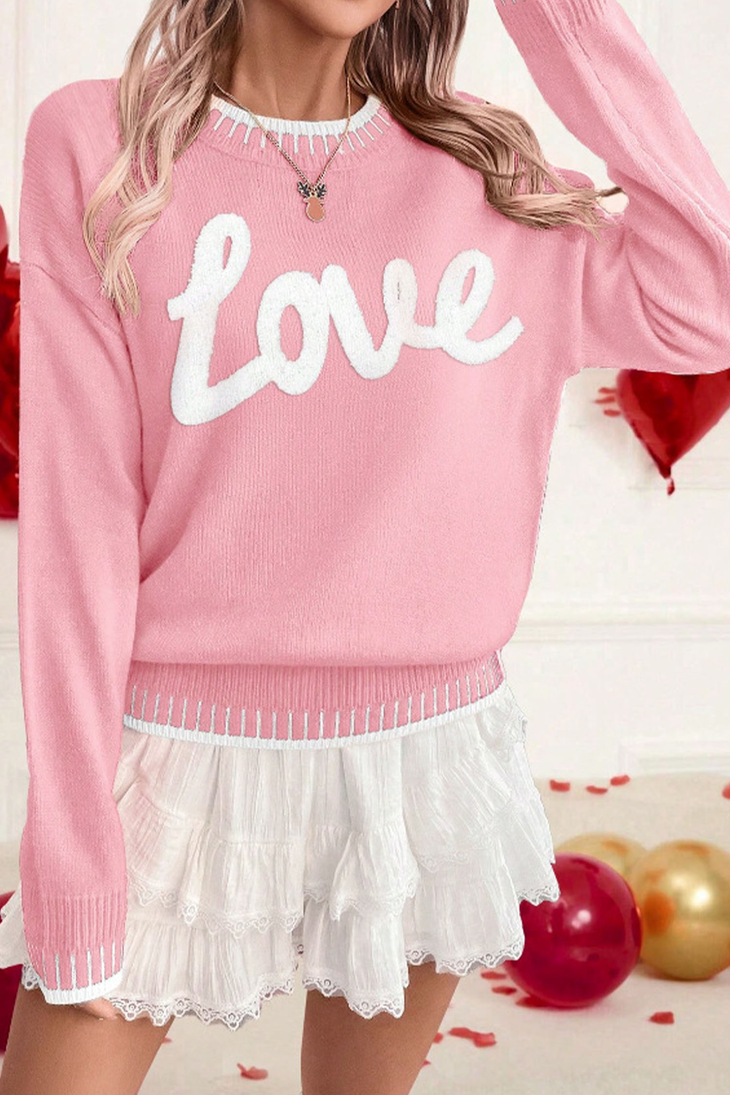Light Blue Valentine Love Chenille Letter Graphic Sweater