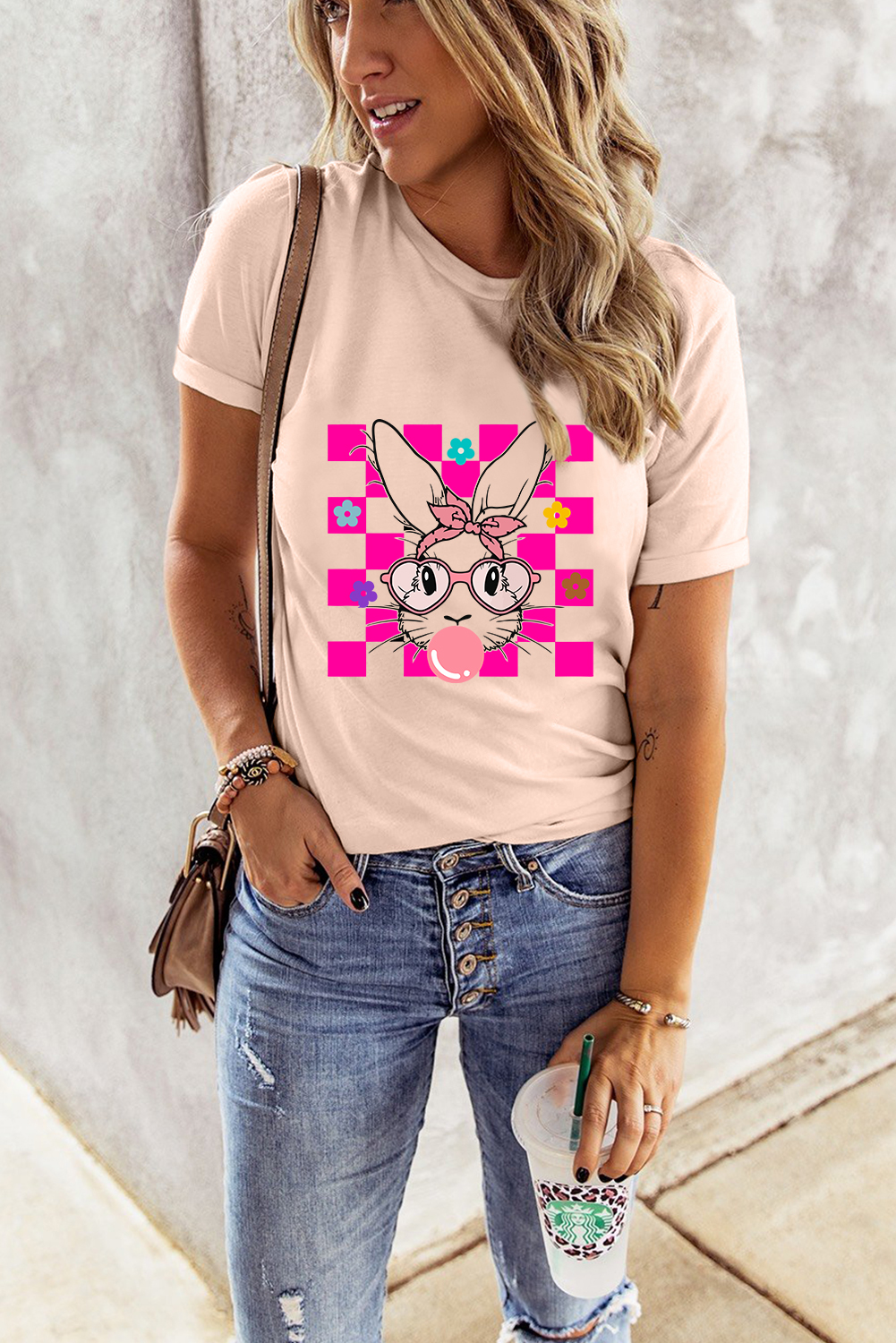 White Rabbit Bow Knot Print Crew Neck T Shirt
