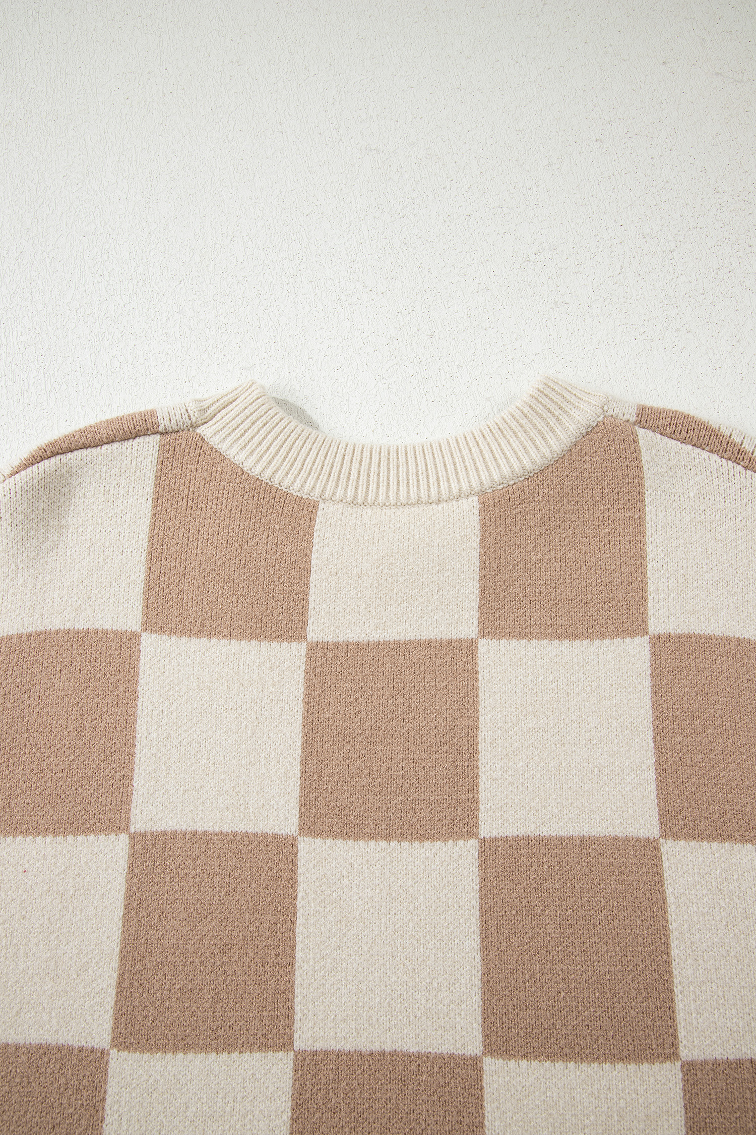 Parchment Checkered Pattern Ribbed Trim Knit Baggy Sweater