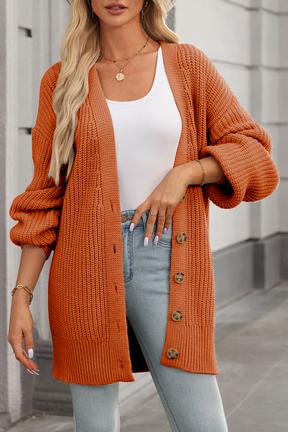 Gold Flame Button Front V Neck Chunky Cardigan Sweater
