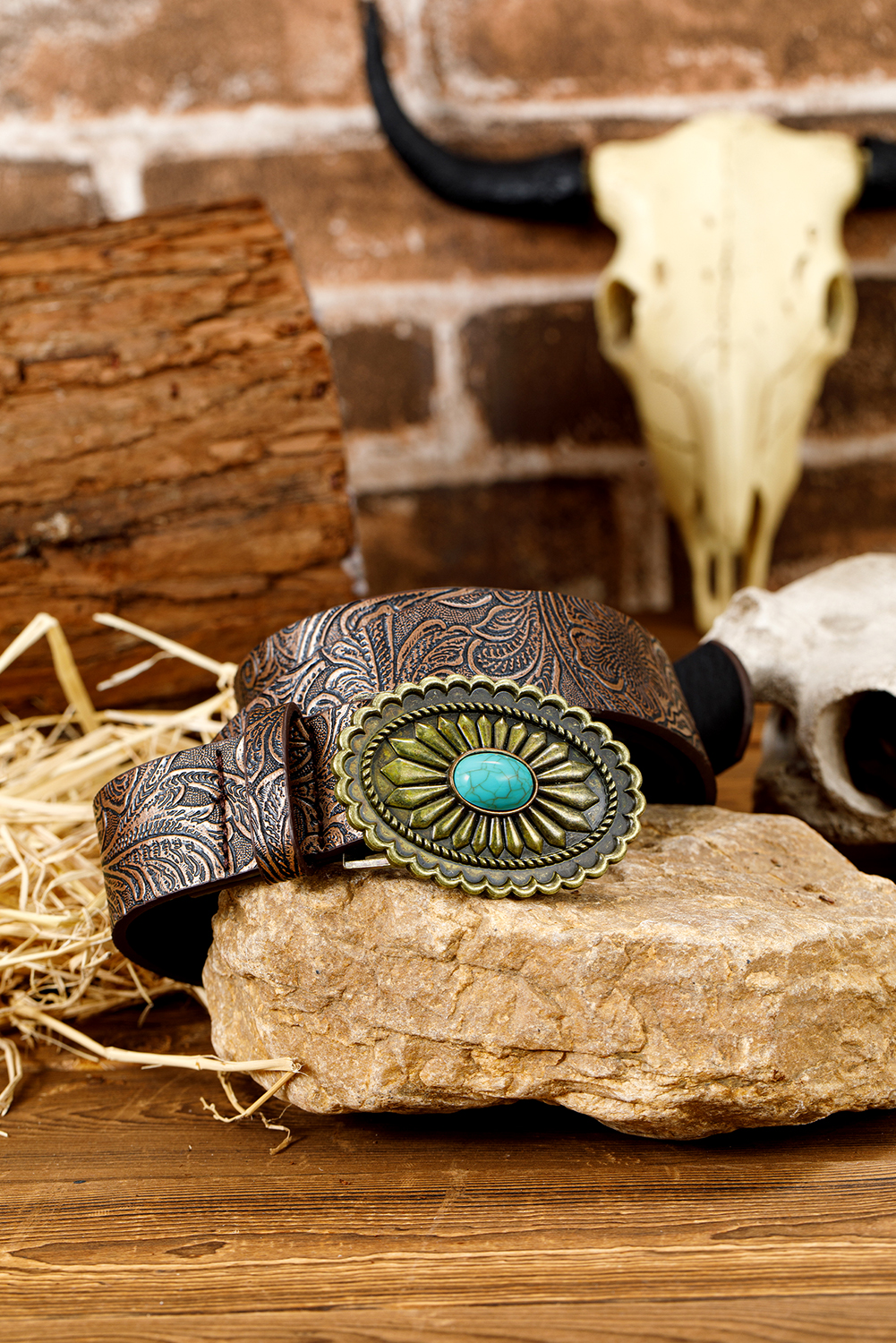 Chestnut Retro Turquoise Plate Decor Embossed Faux Leather Belt