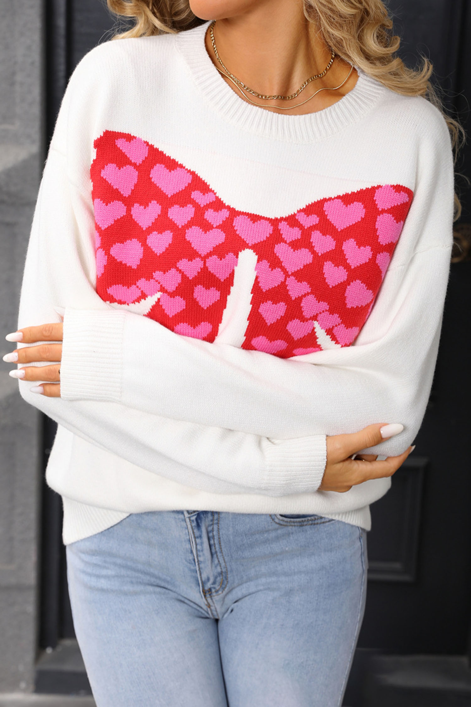 White Heart Bow Graphic Valentine Sweater
