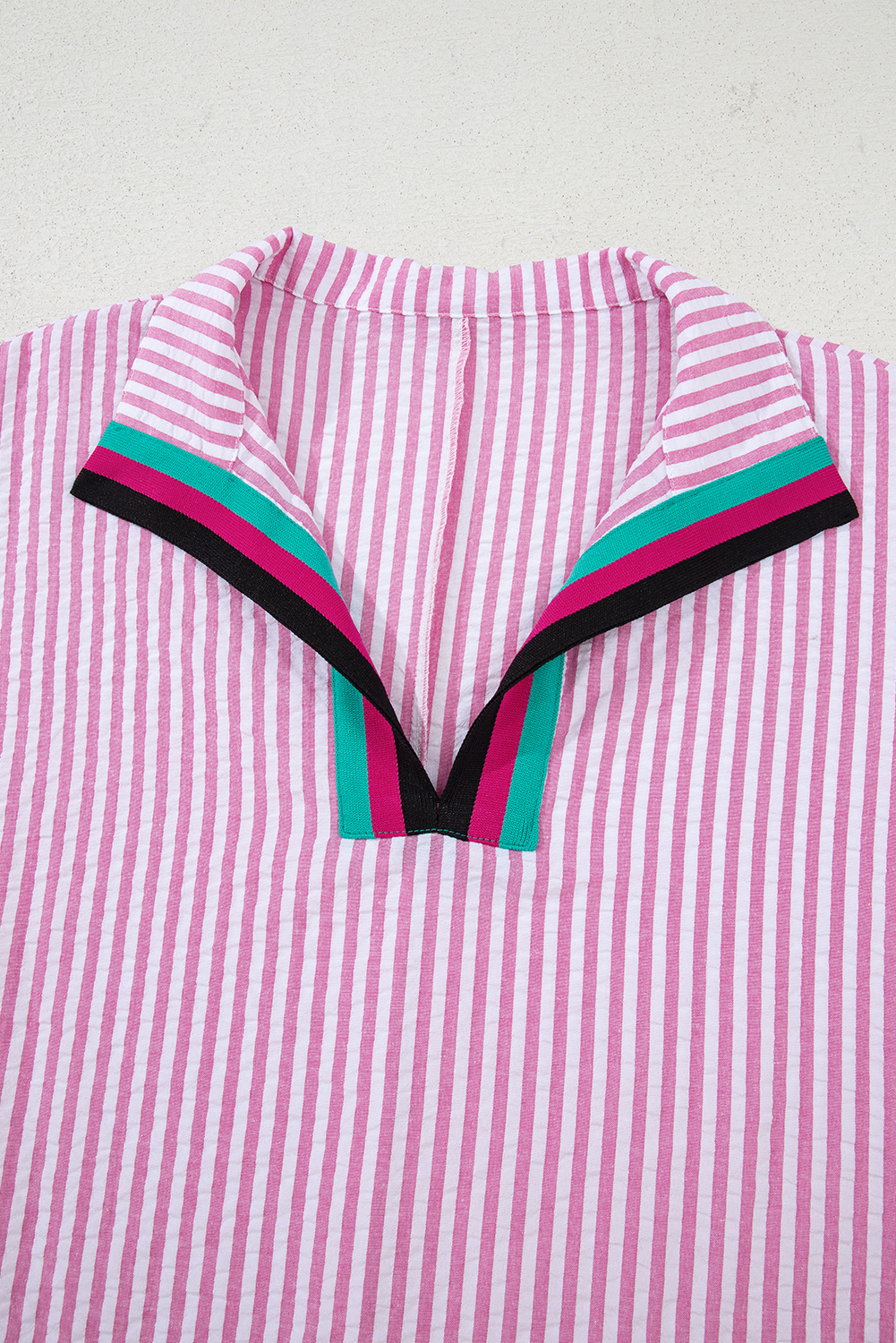 Sachet Pink Striped Print Contrast Split Neck Dolman Sleeve Blouse