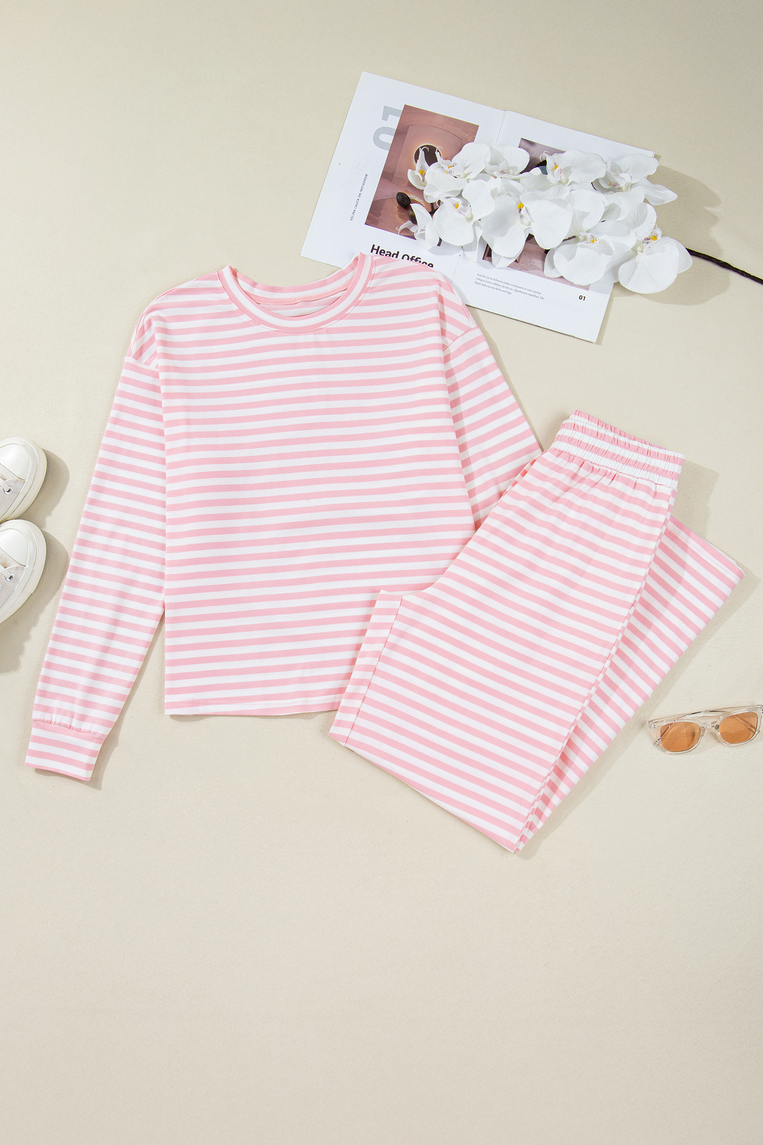 Rose Stripe Drop Shoulder Round Neck Top and Buttoned Straight Pants Two Piece Set