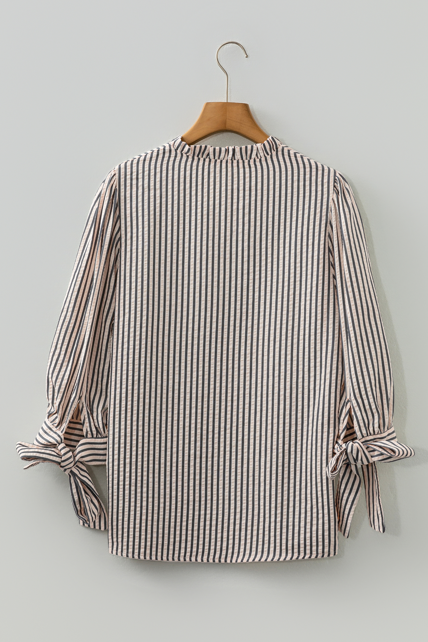 Black Stripe Knotted Cuff Long Sleeve V Neck Blouse