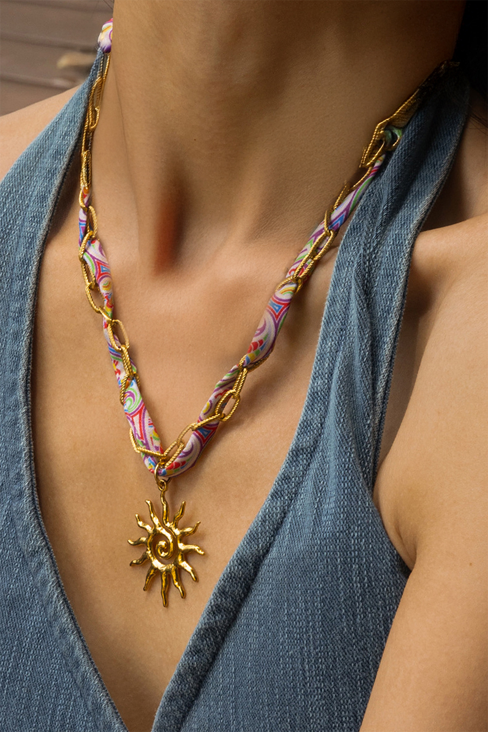 Gold Plated Chain Boho Scarf Twine Sun Goddess Necklace