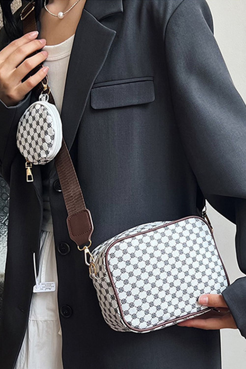 Coffee Checkered Print PU Leather Shoulder Bag with Coin Wallet