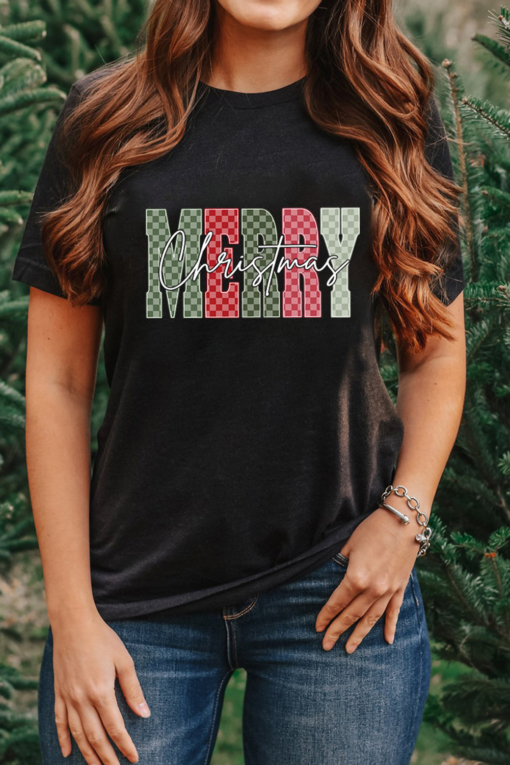 Black Plaid Checkered MERRY Christmas Graphic Crew Neck Tee