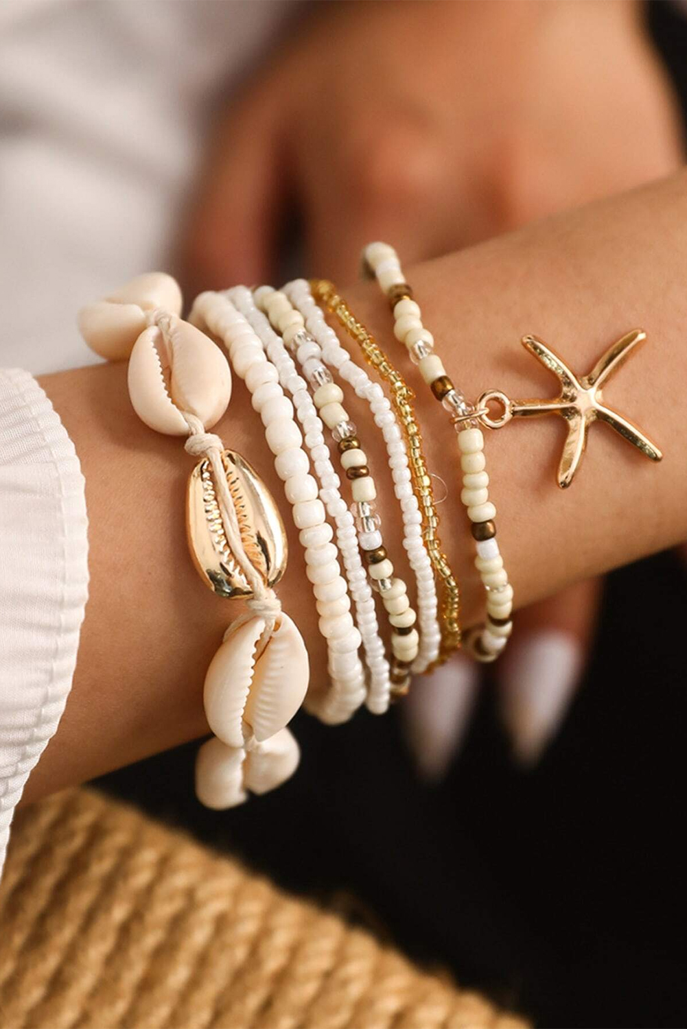 White Starfish Shell Decor Multi Layer Beaded Bracelet Set