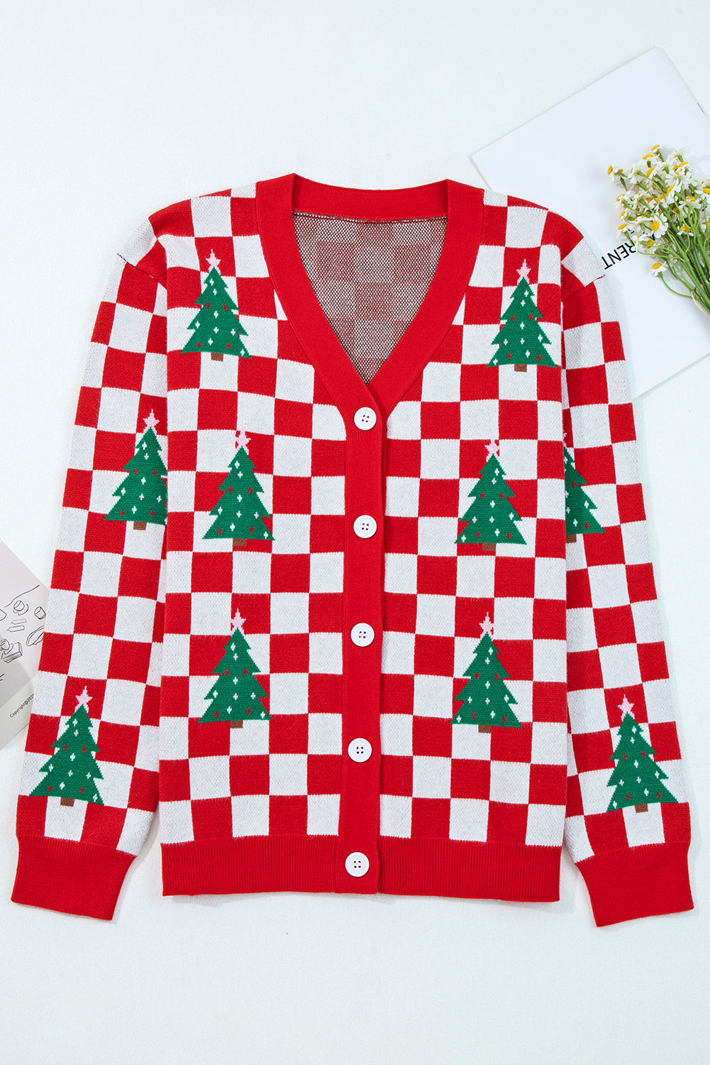 Pink Checkered Christmas Tree Pattern Button V Neck Cardigan Sweater