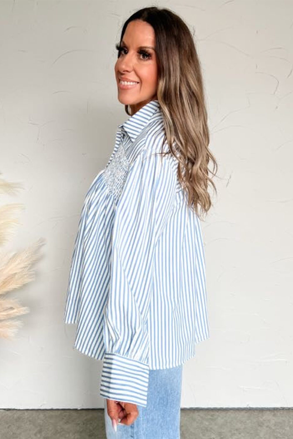 Sky Blue Stripe Shirred Detail Half Placket Collared Long Sleeve Fall Shirt