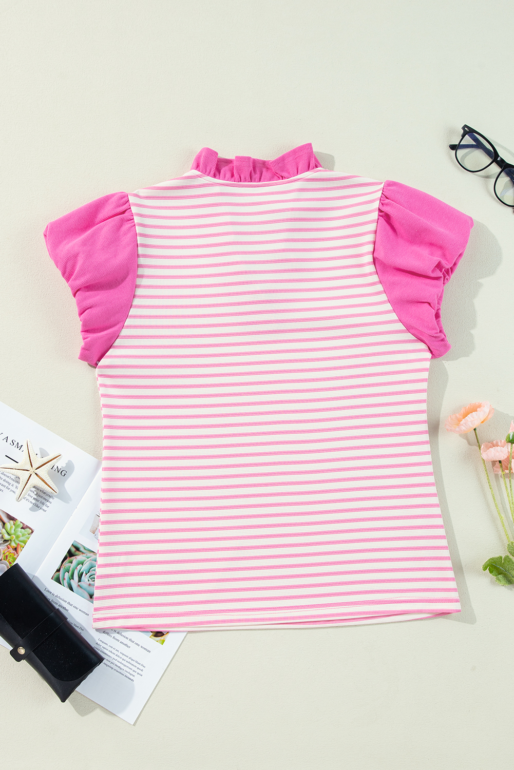 Pink Stripe Ruffled V Neck Cap Puff Sleeve Top