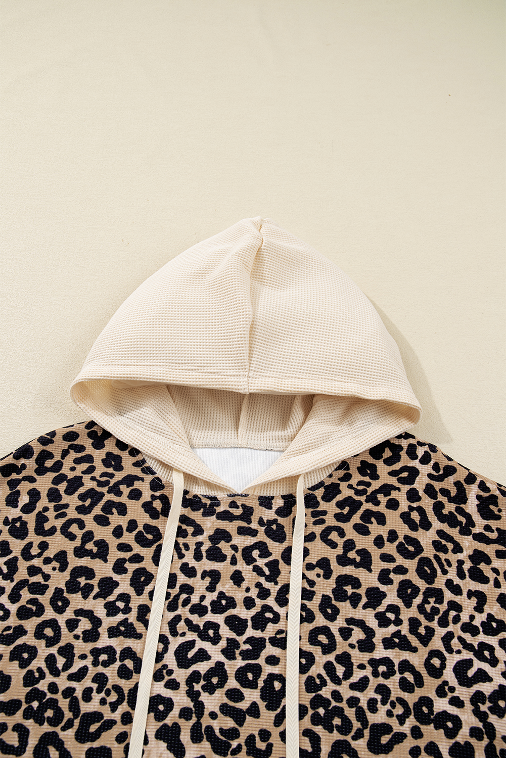 Leopard Print Waffle Contrast Kangaroo Pocket Hooded Sweatshirt