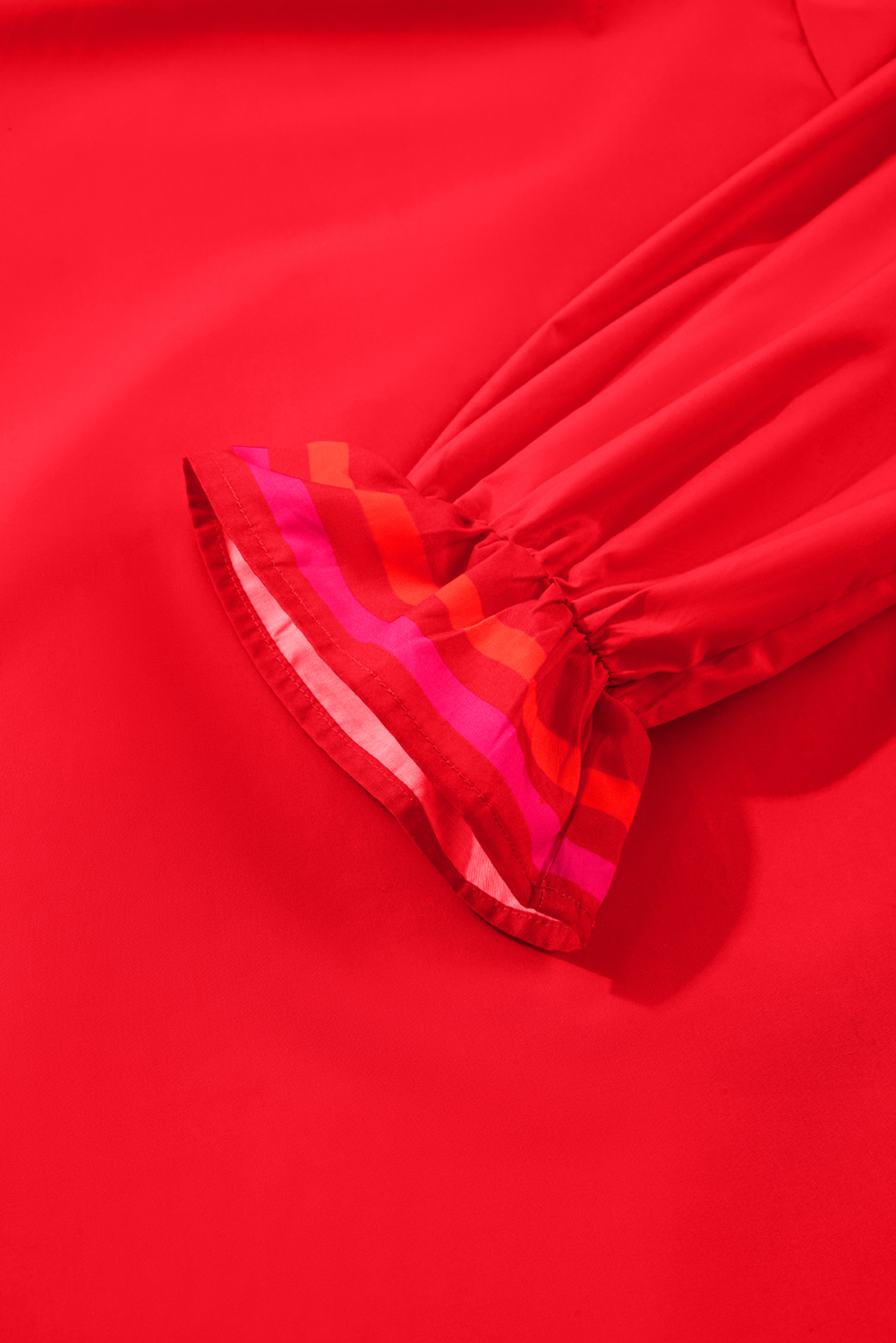 Four Leaf Clover Striped Trim Ruffle Split Neck Long Sleeve Blouse