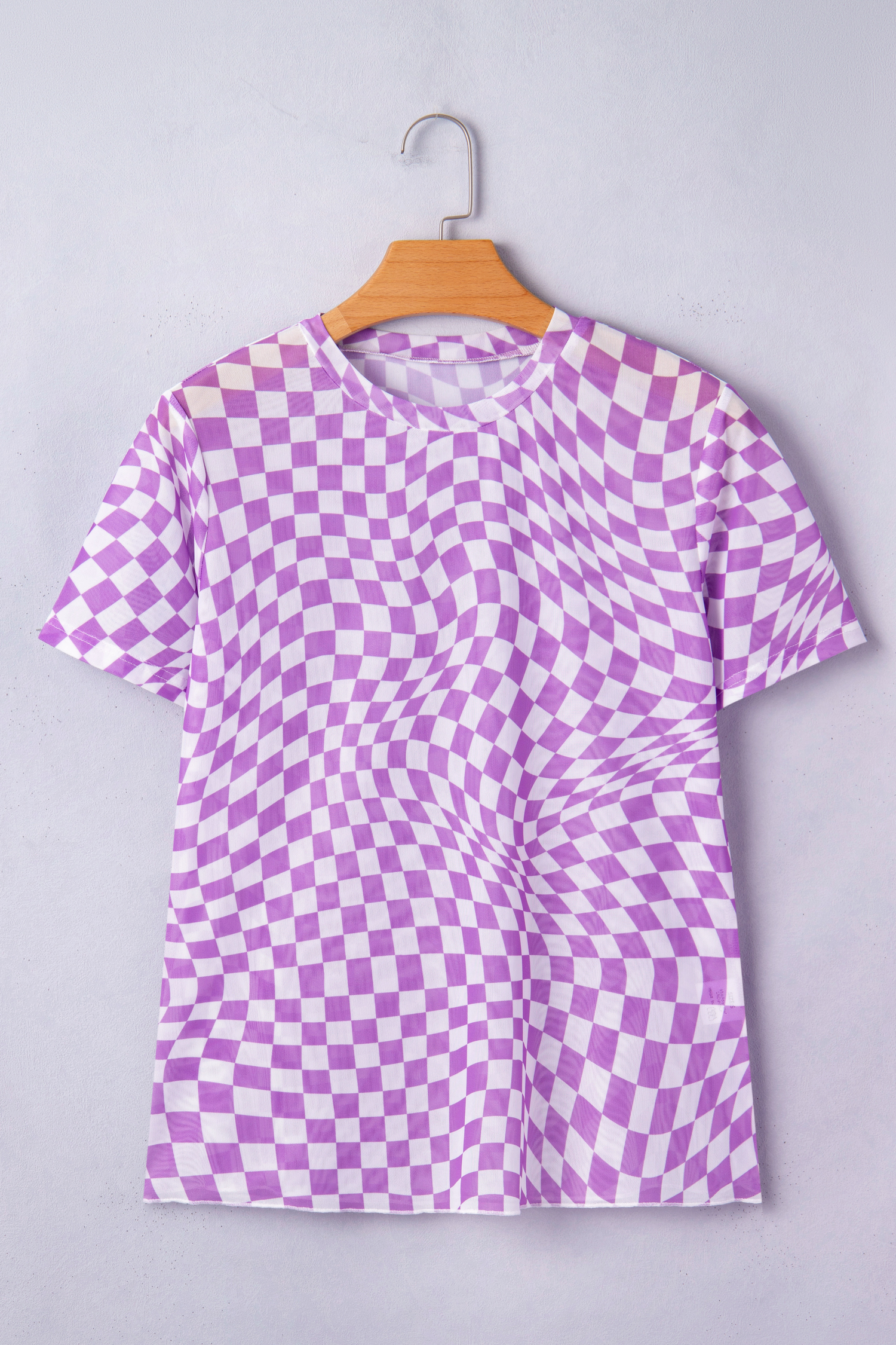 Purple Checkered Print Mock Neck Mesh T Shirt