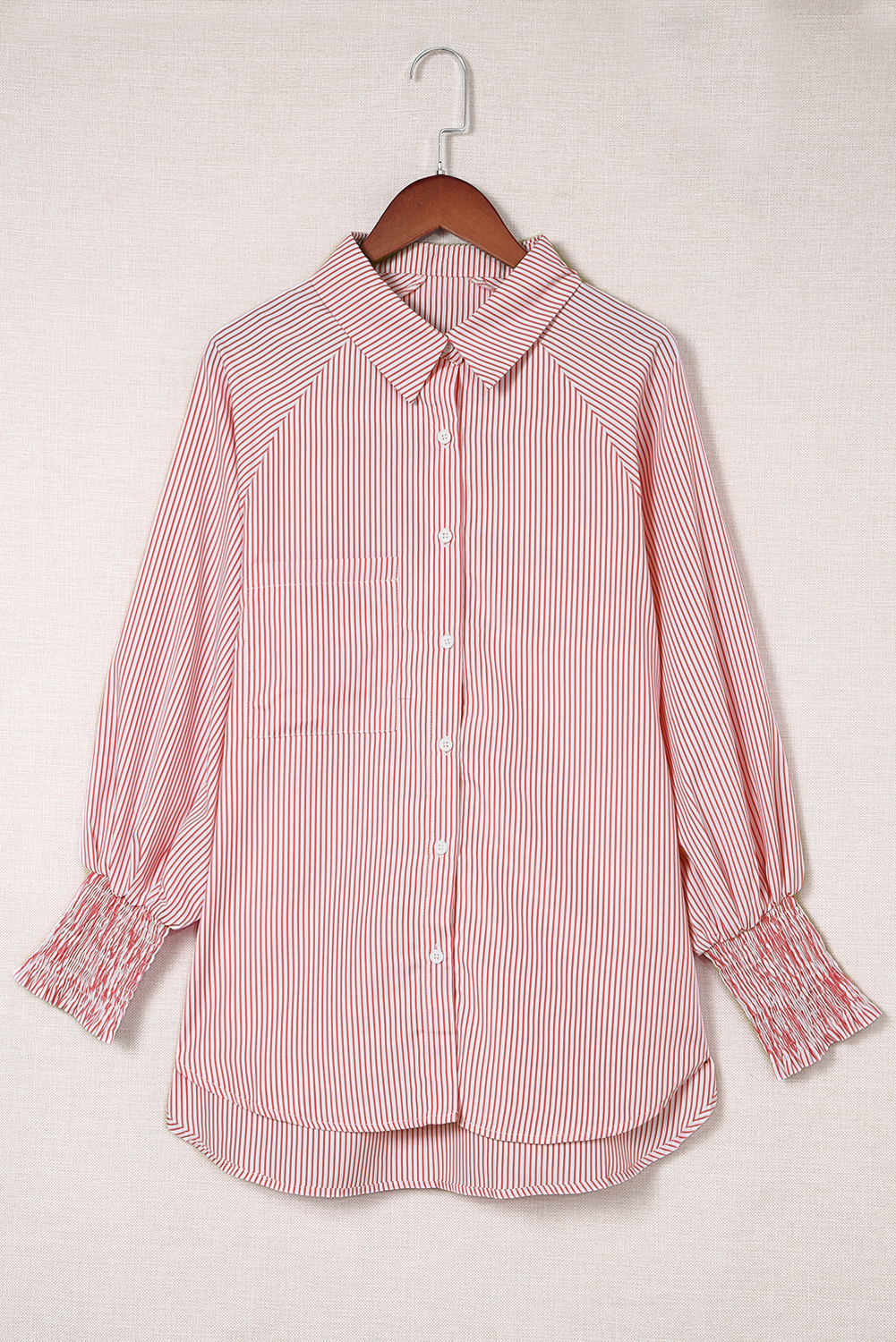 Red Stripe Smocked Cuffed Striped Boyfriend Shirt with Pocket
