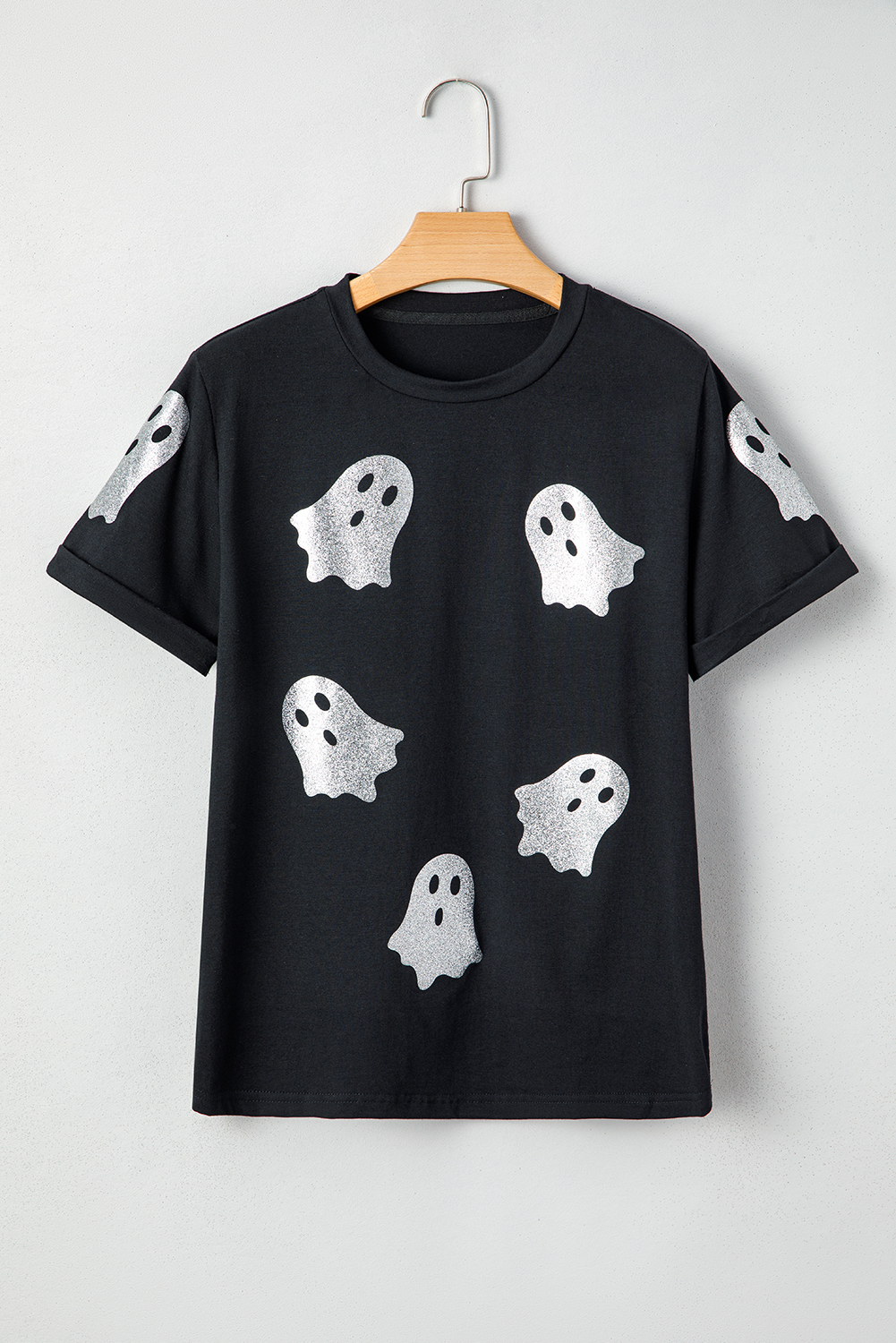 Wisteria Glitter Trim Chenille Ghost Patched Halloween Graphic Tee