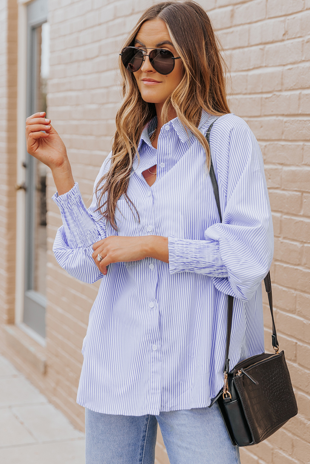 Red Stripe Smocked Cuffed Striped Boyfriend Shirt with Pocket