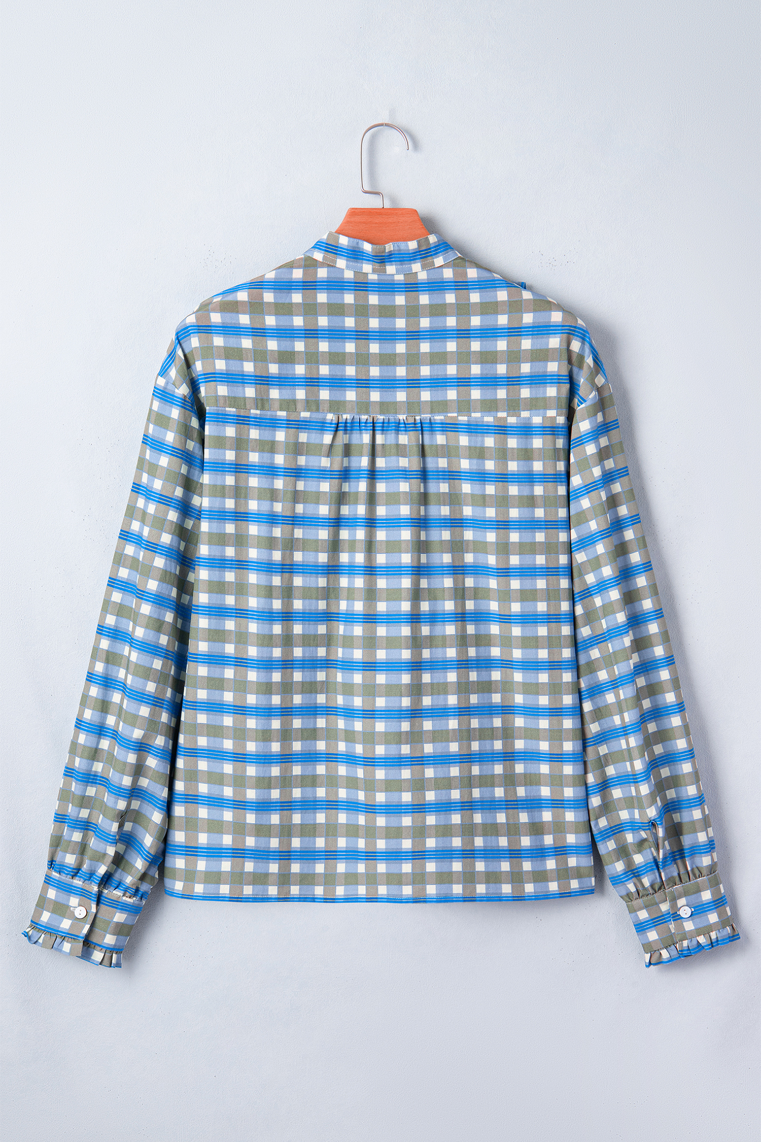 Sky Blue Plaid Long Sleeve Frilled Detail Half Button Blouse