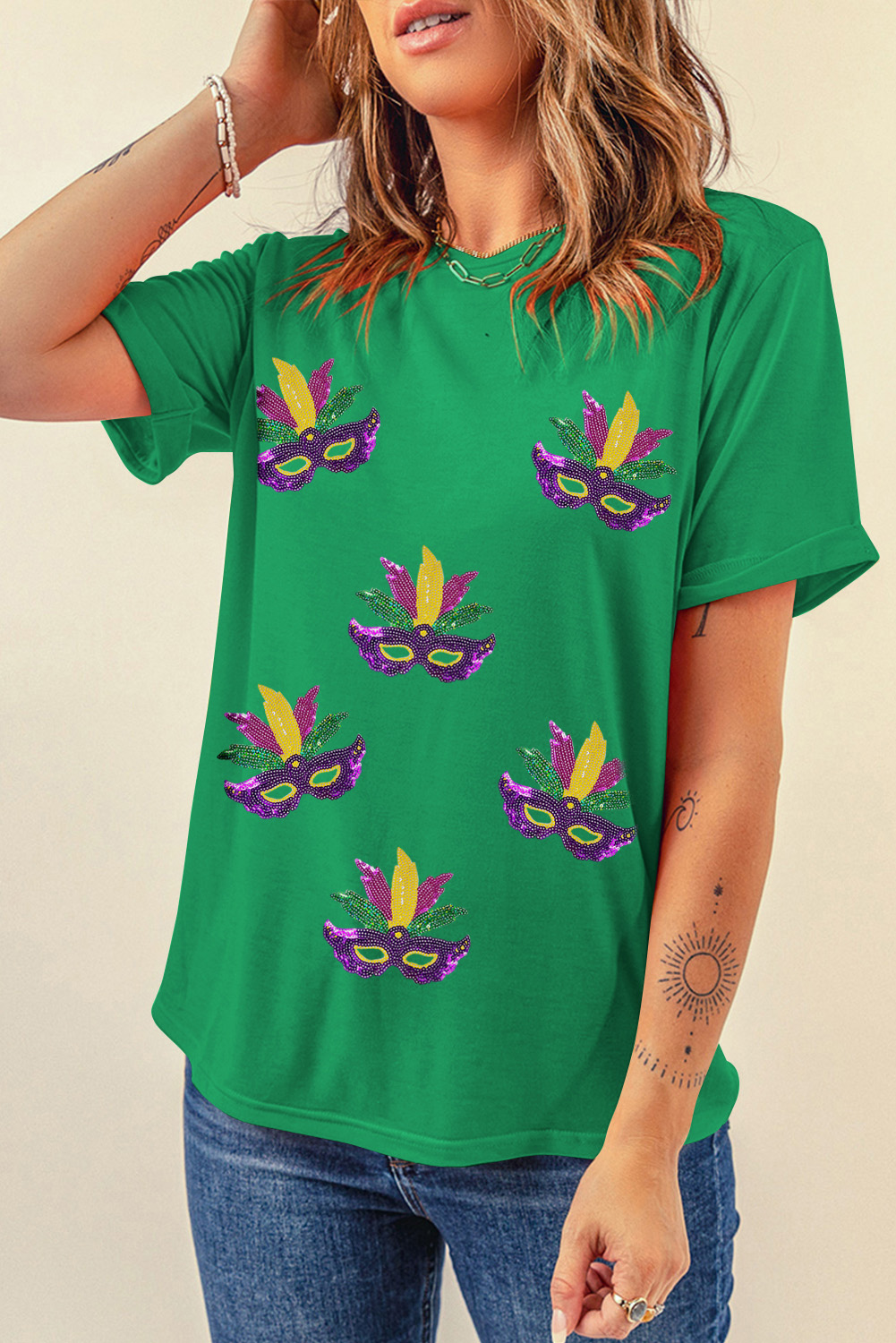 Bright Green Glitter Mardi Gras Mask Graphic T Shirt