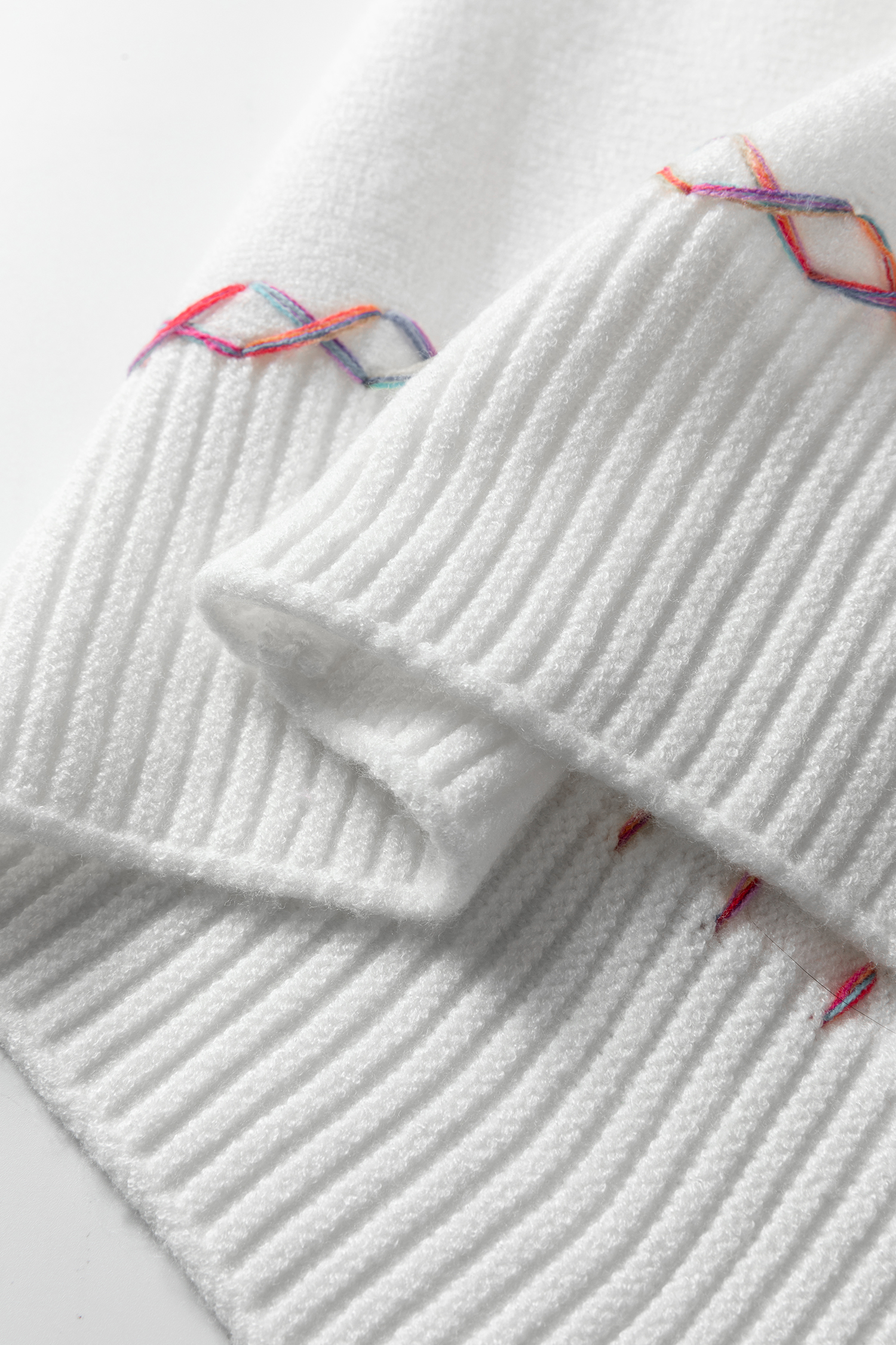 White Rainbow Stitching Balloon Sleeve Relaxed Sweater