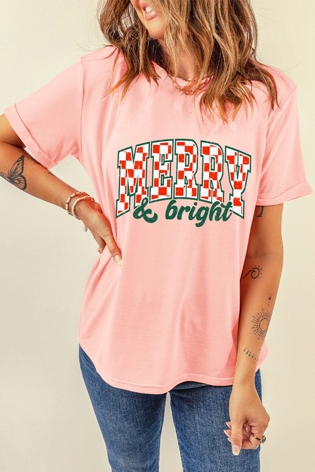Pink MERRY & bright Checkered Letter Graphic Christmas Tee