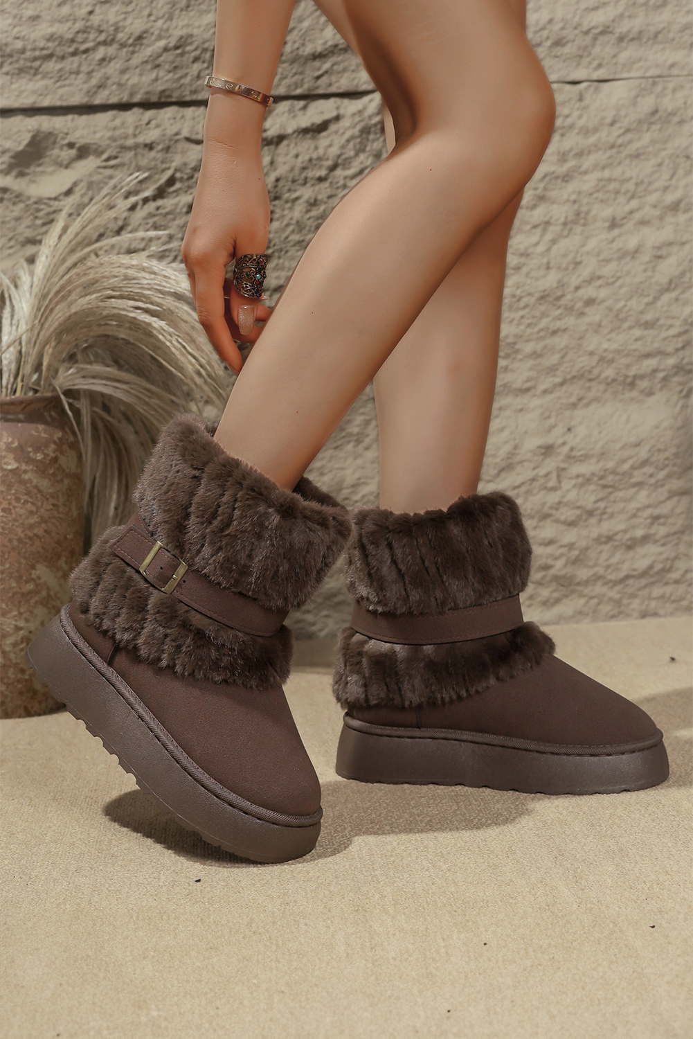 Dark Brown Versatile Fuzzy Cuff Faux Suede PU Leather Slip On Lug Sole Ankle Booties