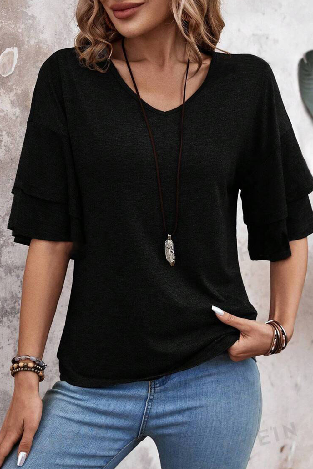 Sail Blue Solid Colour V-Neck Double Layer Sleeve Loose T-Shirt