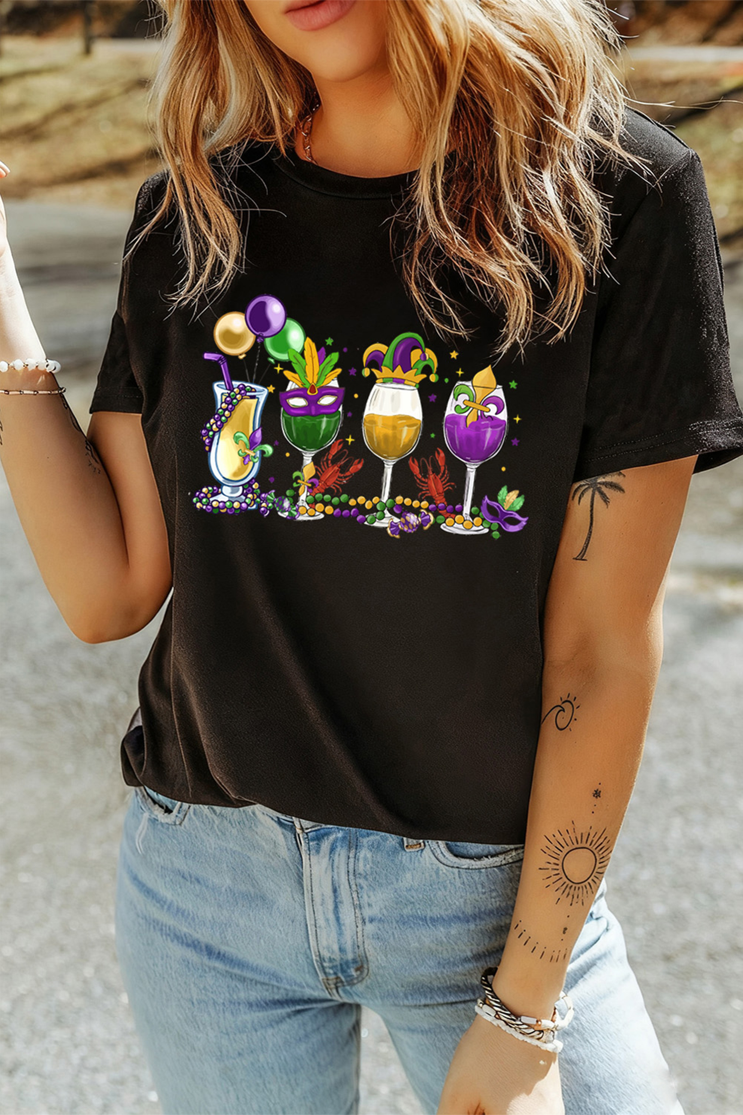 Black Cheerful Mardi Gras Drinks Crayfish Printed T Shirt