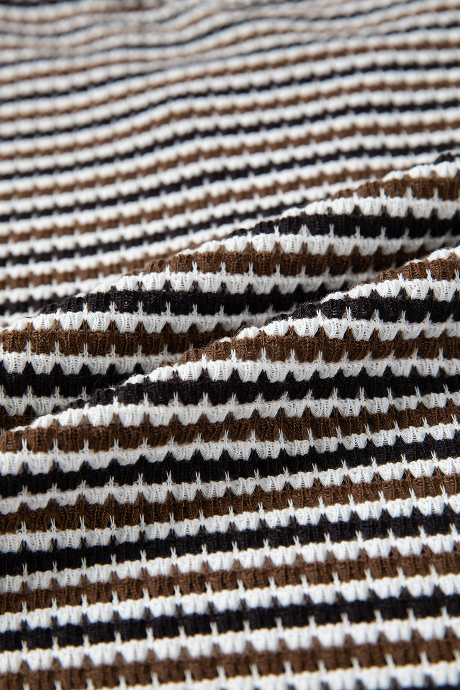 Brown Faux Two Piece Textured Striped Round Neck Long Sleeve T Shirt