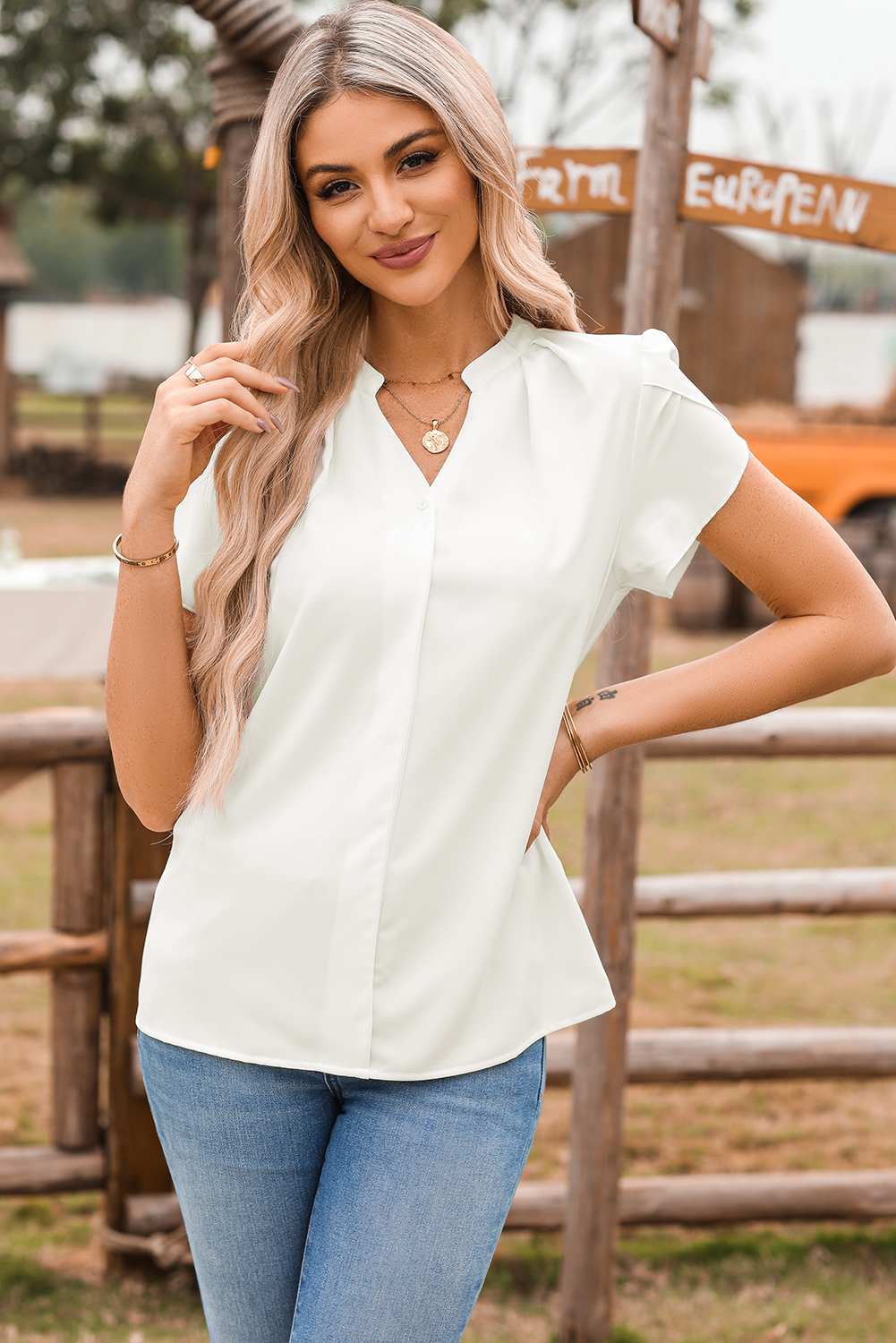 Black Silky Notched Neckline Petal Sleeve Blouse