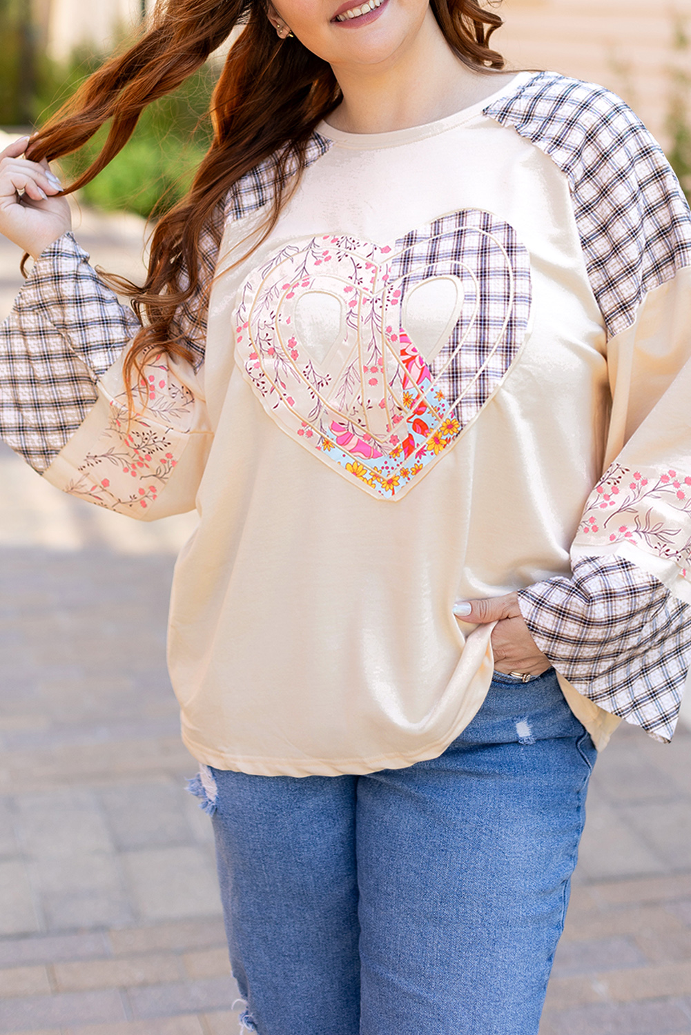 Beige Flower Patch Graphic Exposed Seam Wide Sleeve Top