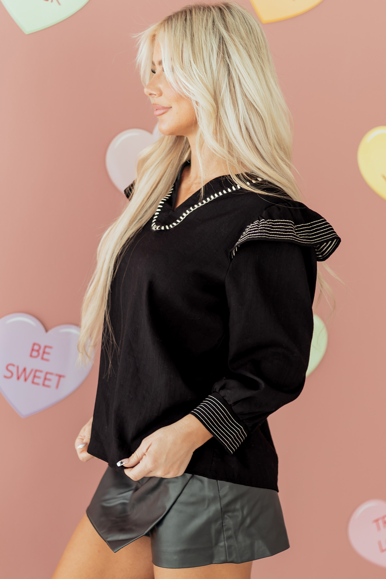Black Contrast Stitched Detail V Neck Ruffle Long Sleeve Blouse