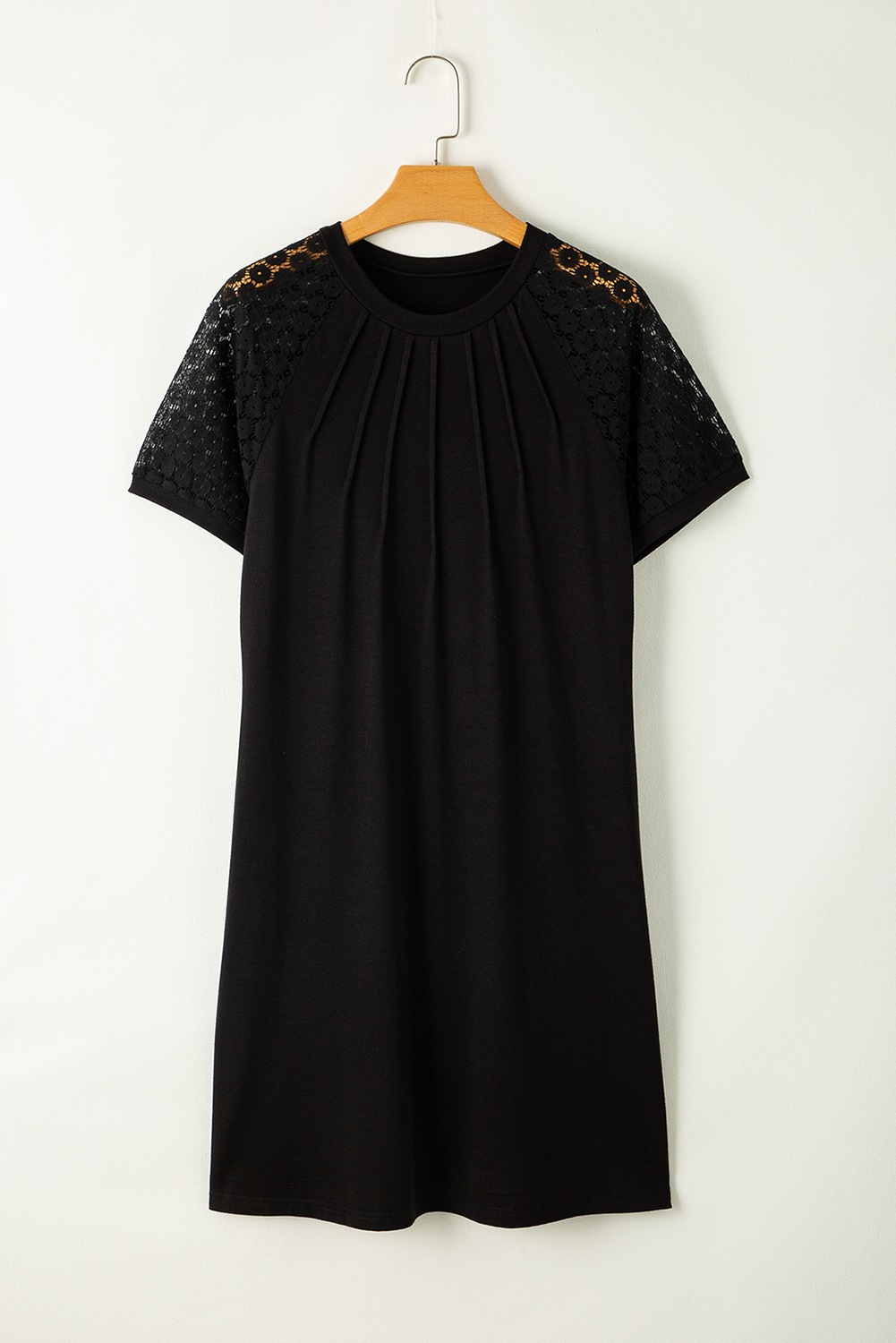 Navy Blue Contrast Lace Raglan Sleeve Pleated Detail Shift Dress