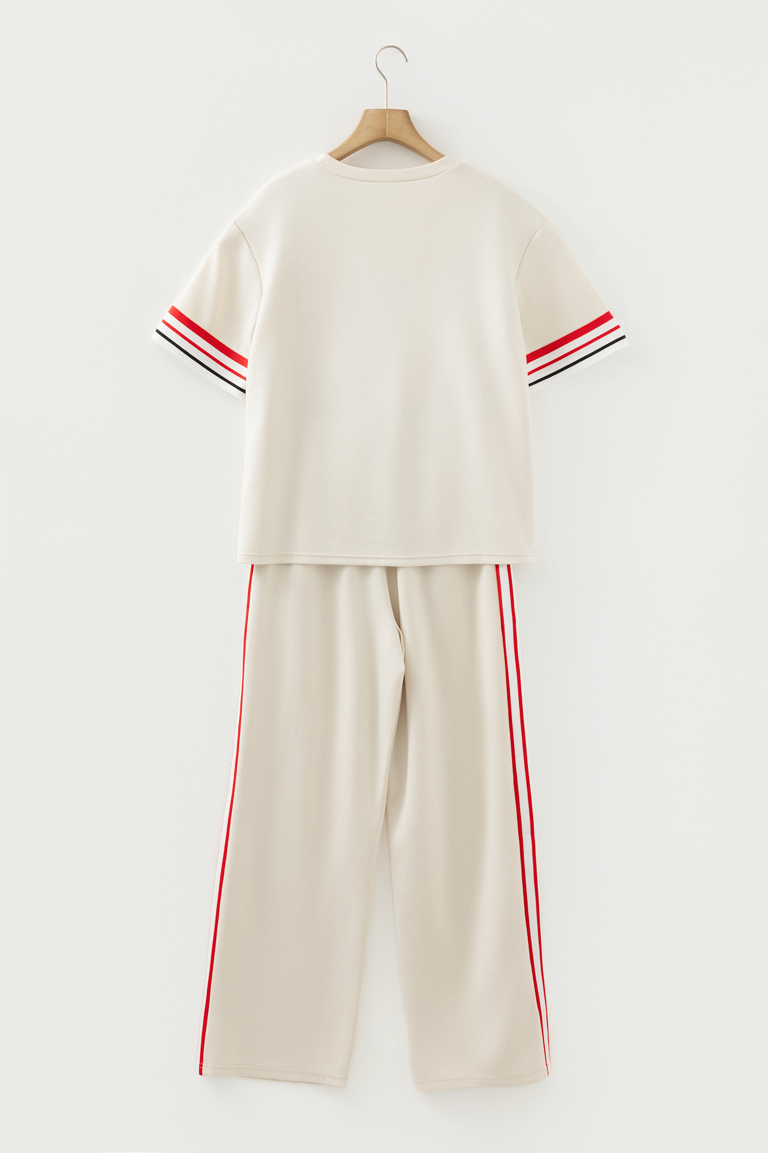 Jet Stream Contrast Striped Trim Crewneck T Shirt Loose Straight Pants Set