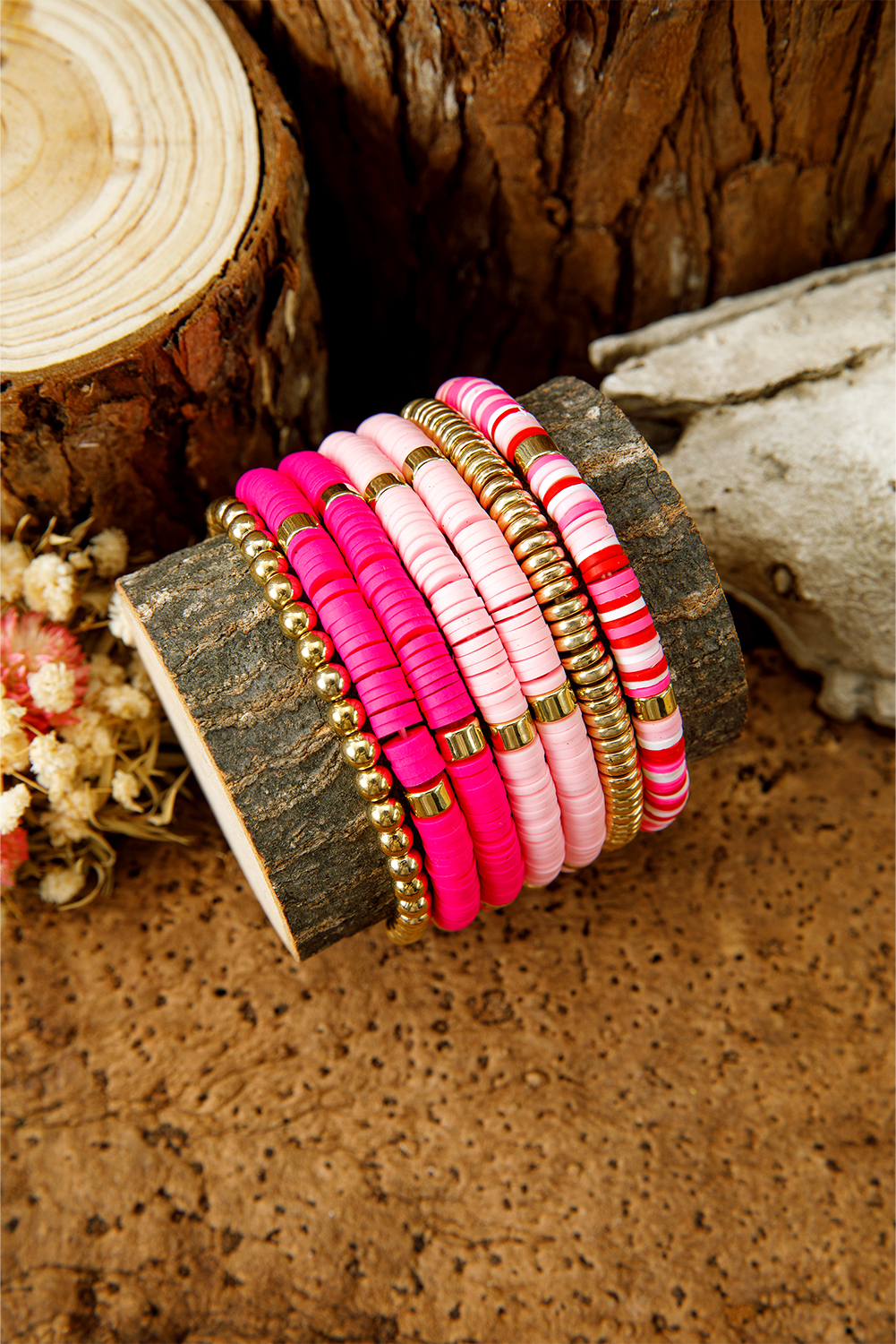 Bright Pink 7pcs Gold Plated Clay Beading Multi Layered Bracelet Set
