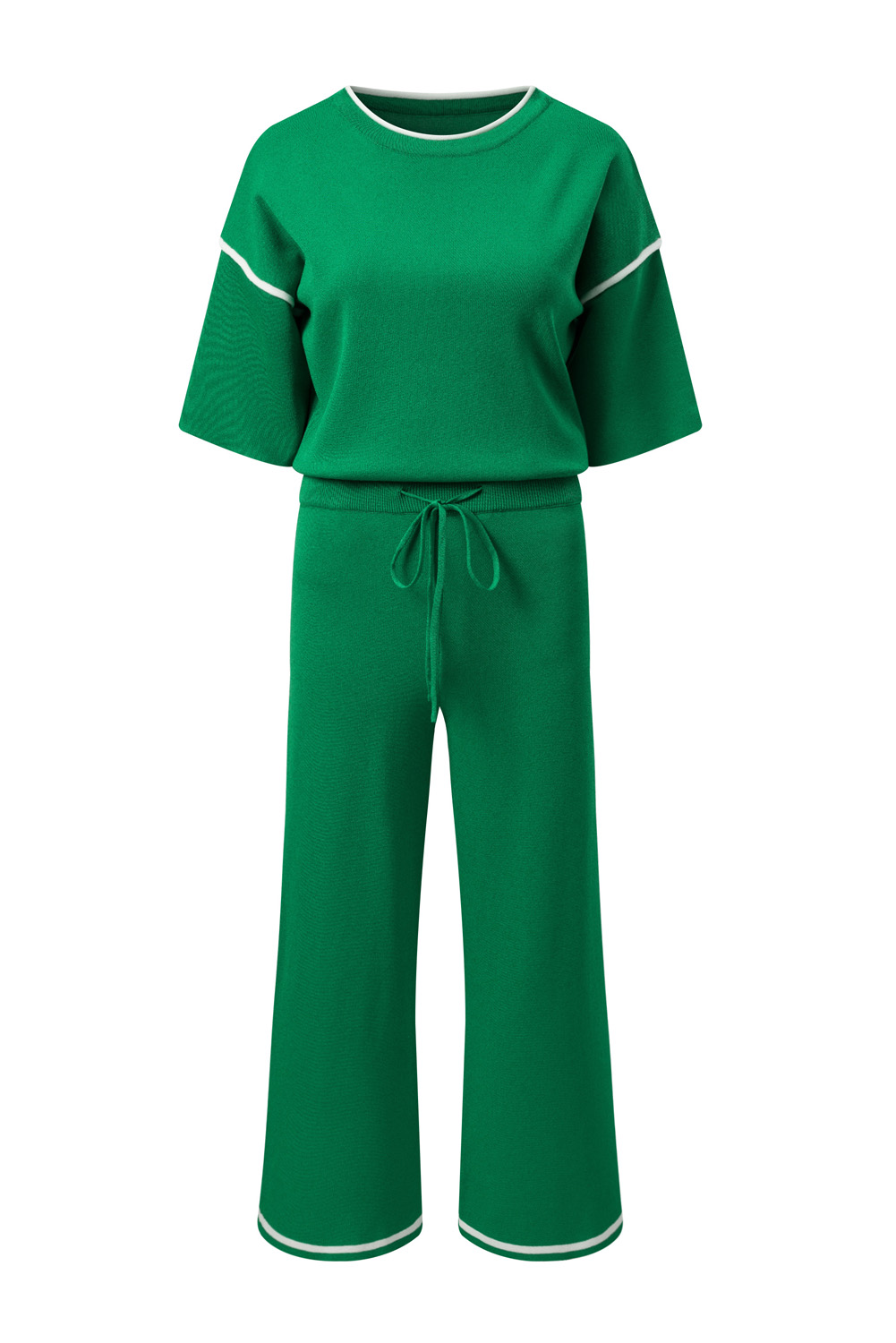 Blackish Green Contrast Trim Half Sleeve Top Drawstring Pants Loose 2pcs Sweater Suit