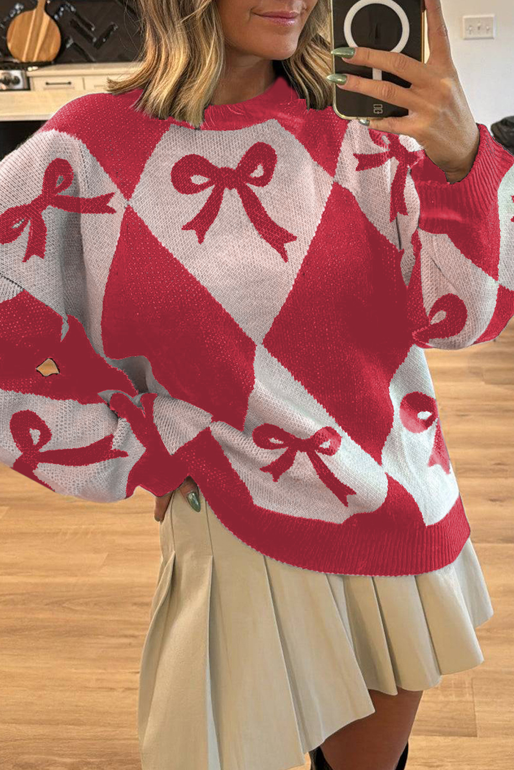 Black Bow Print 2-tone Rhombus Knit Loose Sweater