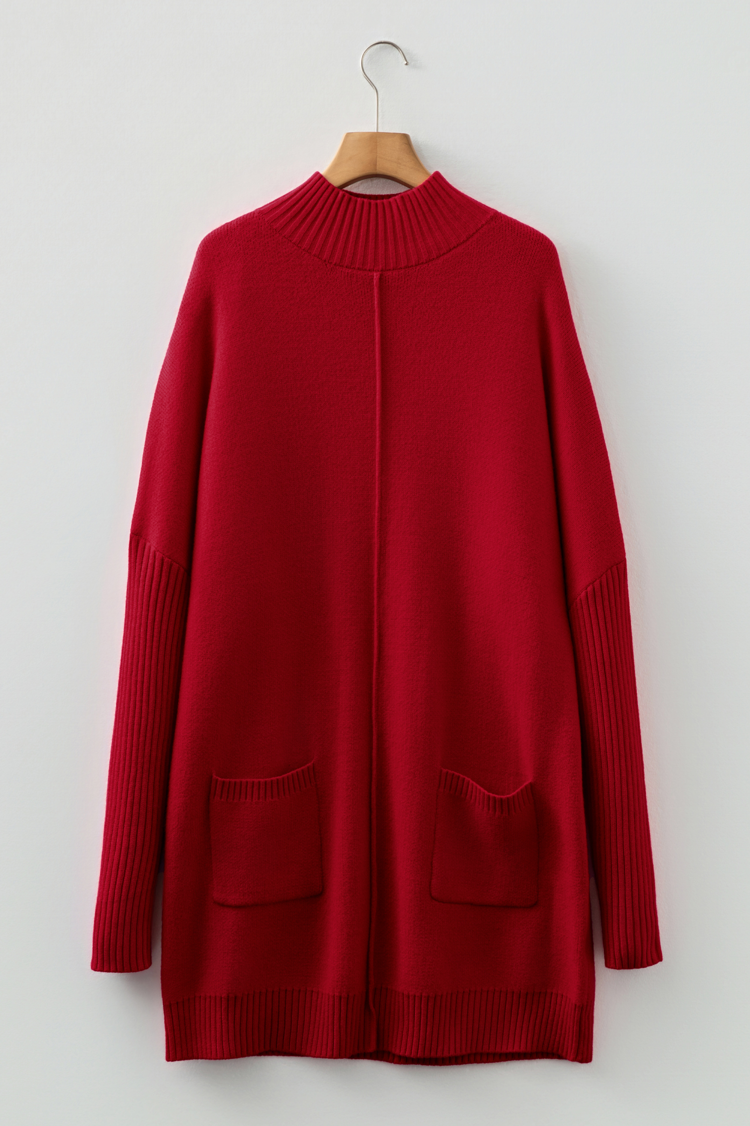 Fiery Red Ribbed High Neck Front Pockets Center Seam Shift Sweater Dress