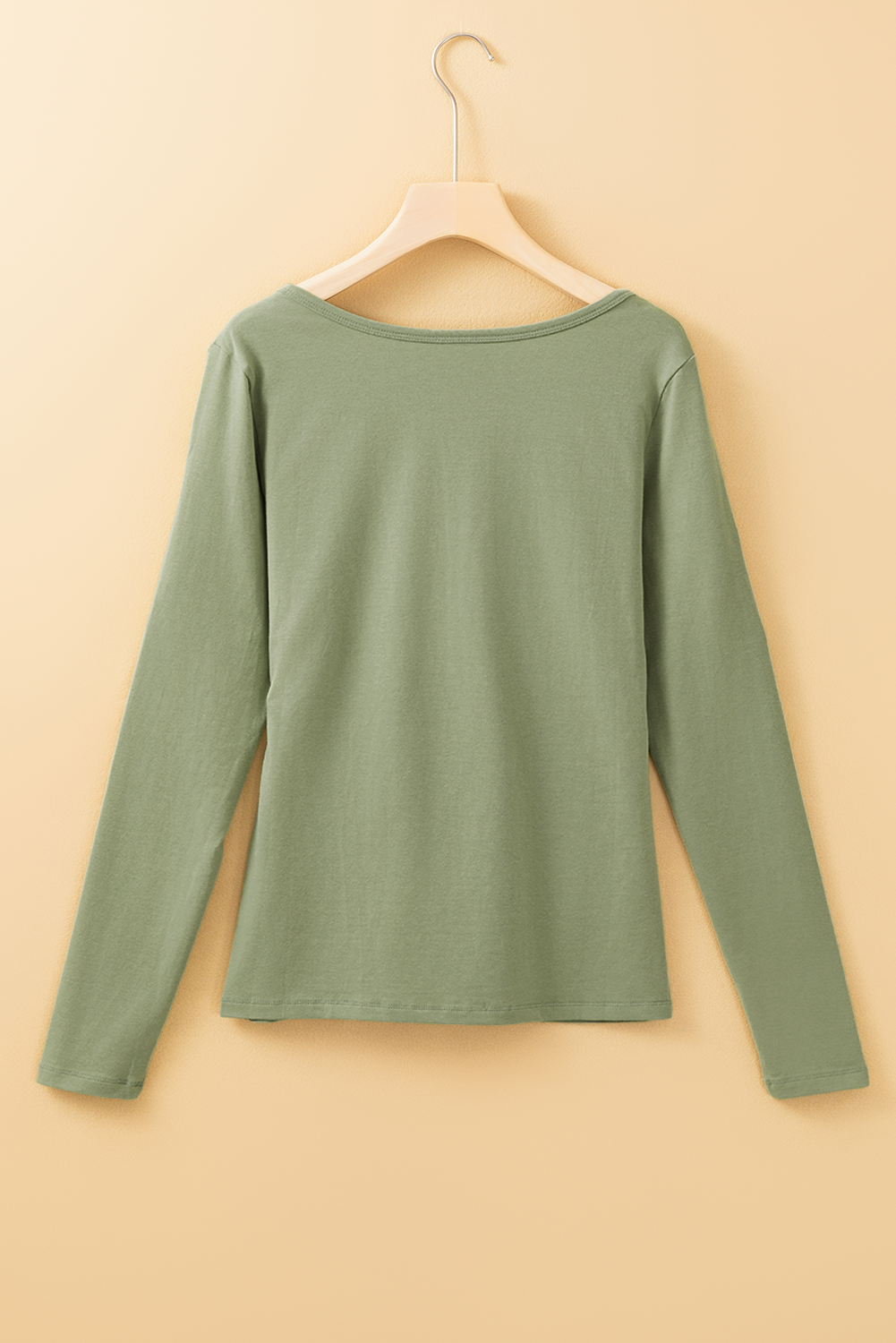 Pale Khaki Long Sleeve Buttons V Neck Slim Fit Top