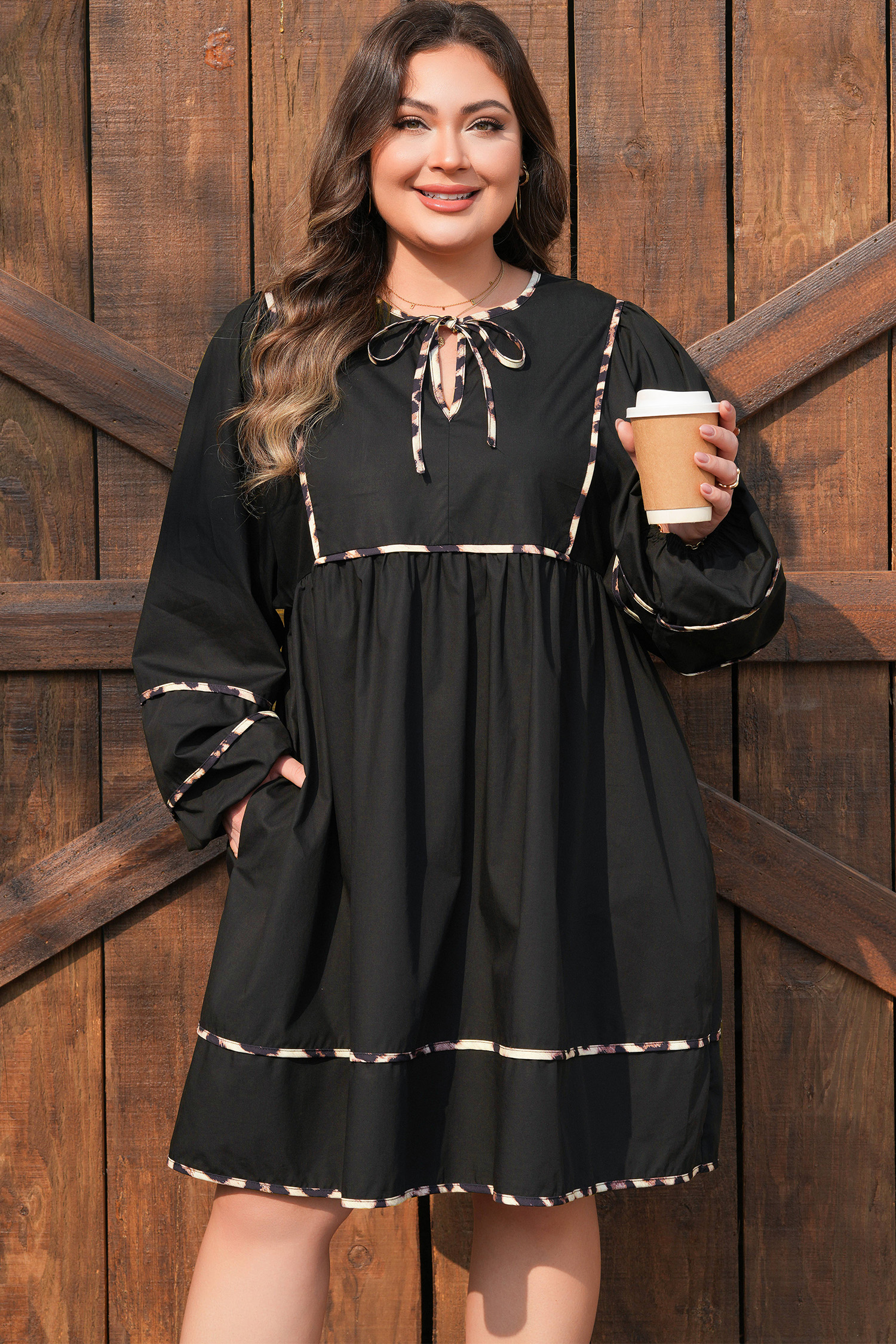 Black Plus Size Long Sleeve Leopard Contrasted Trim Tie Neck Flared Mini Dress