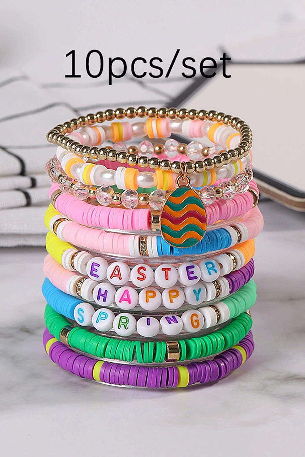 Gold Happy Easter Polymer Clay Beaded Bracelet