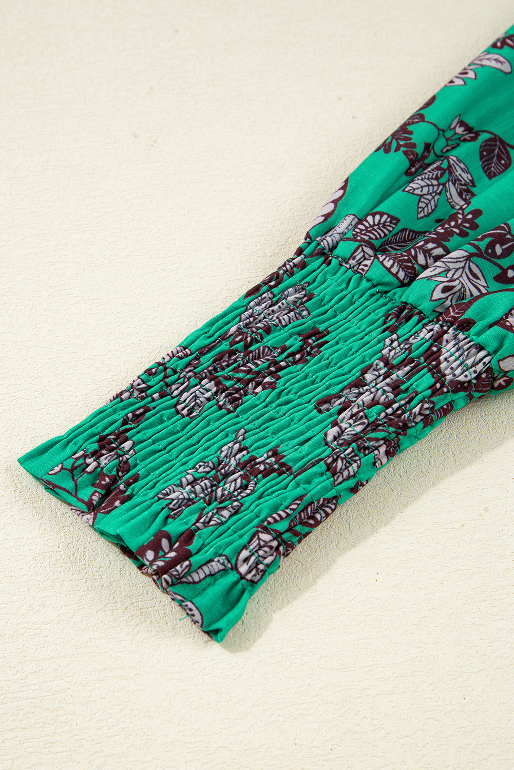 Green Leaves Print Contrast Trim V Neck Shirred Puff Sleeve Blouse