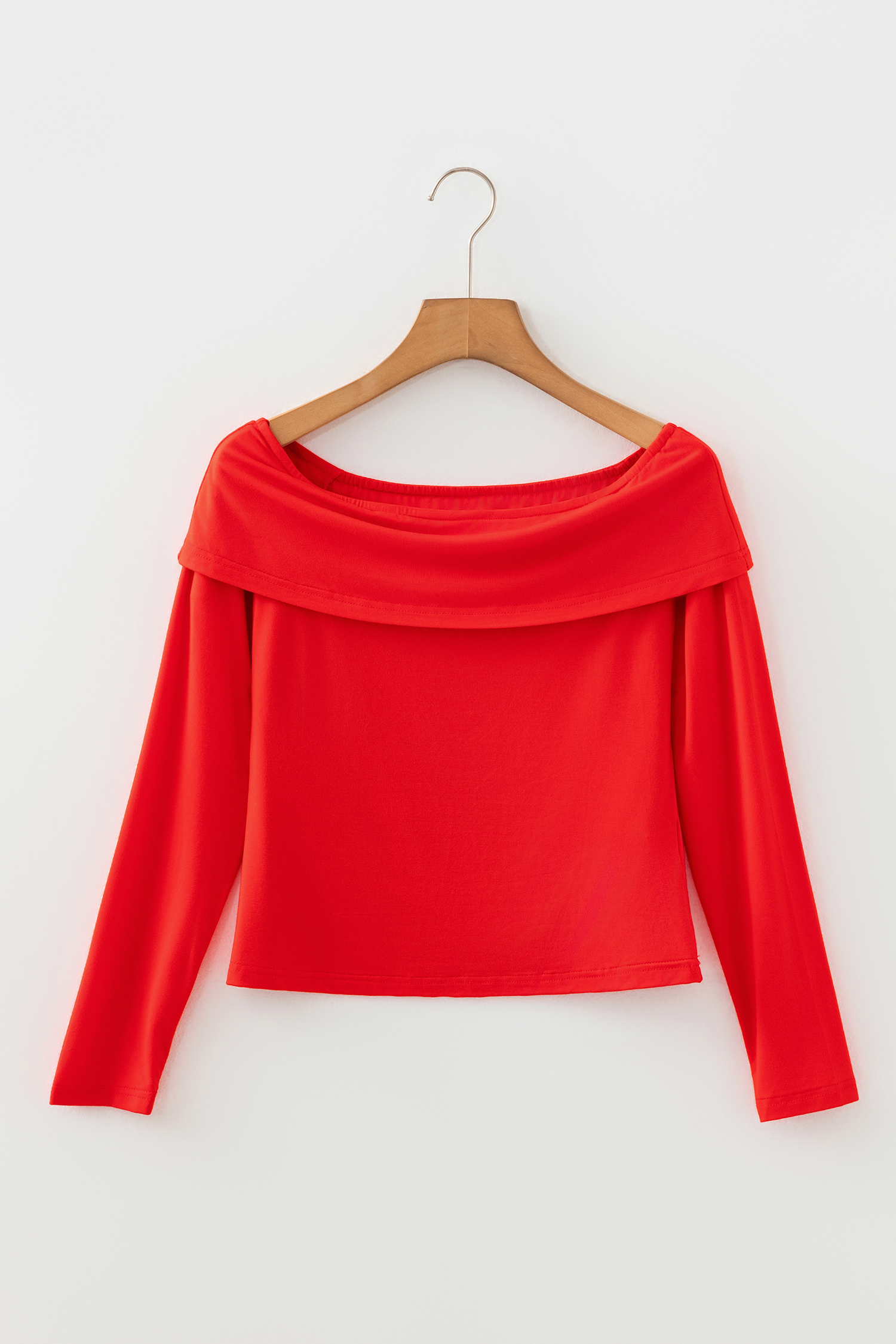 Fiery Red Foldover Off Shoulder Long Sleeve Slim Top