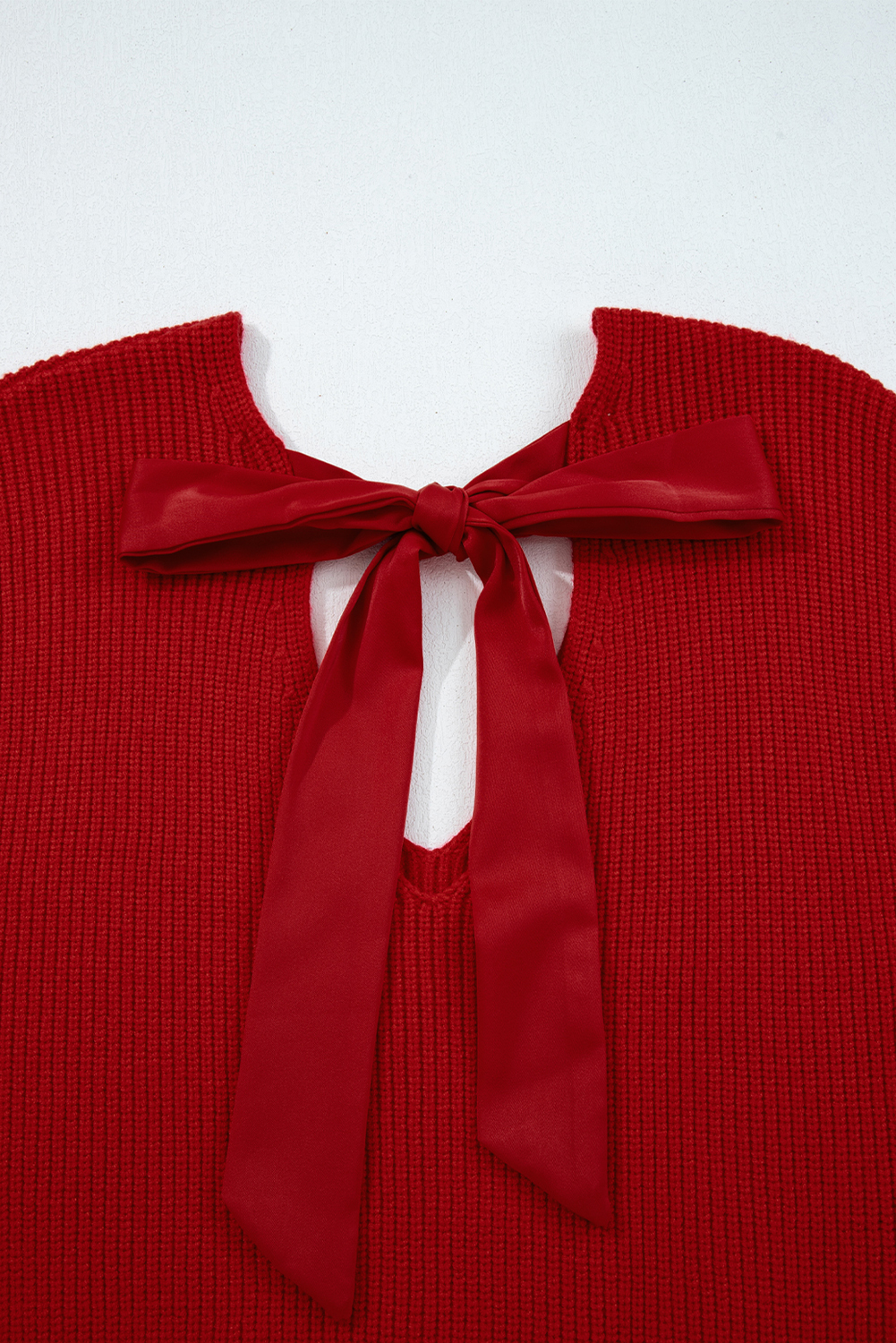 Racing Red Lantern Sleeve V Neck Knot Back Sweater