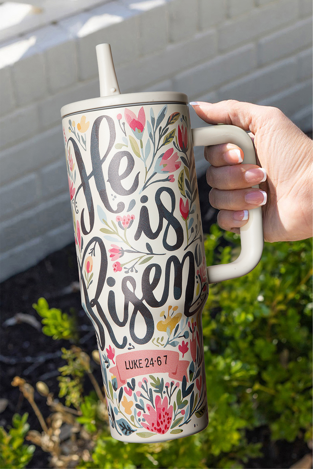 White He Is Risen Flower Print Stainless Steel Tumbler 40oz