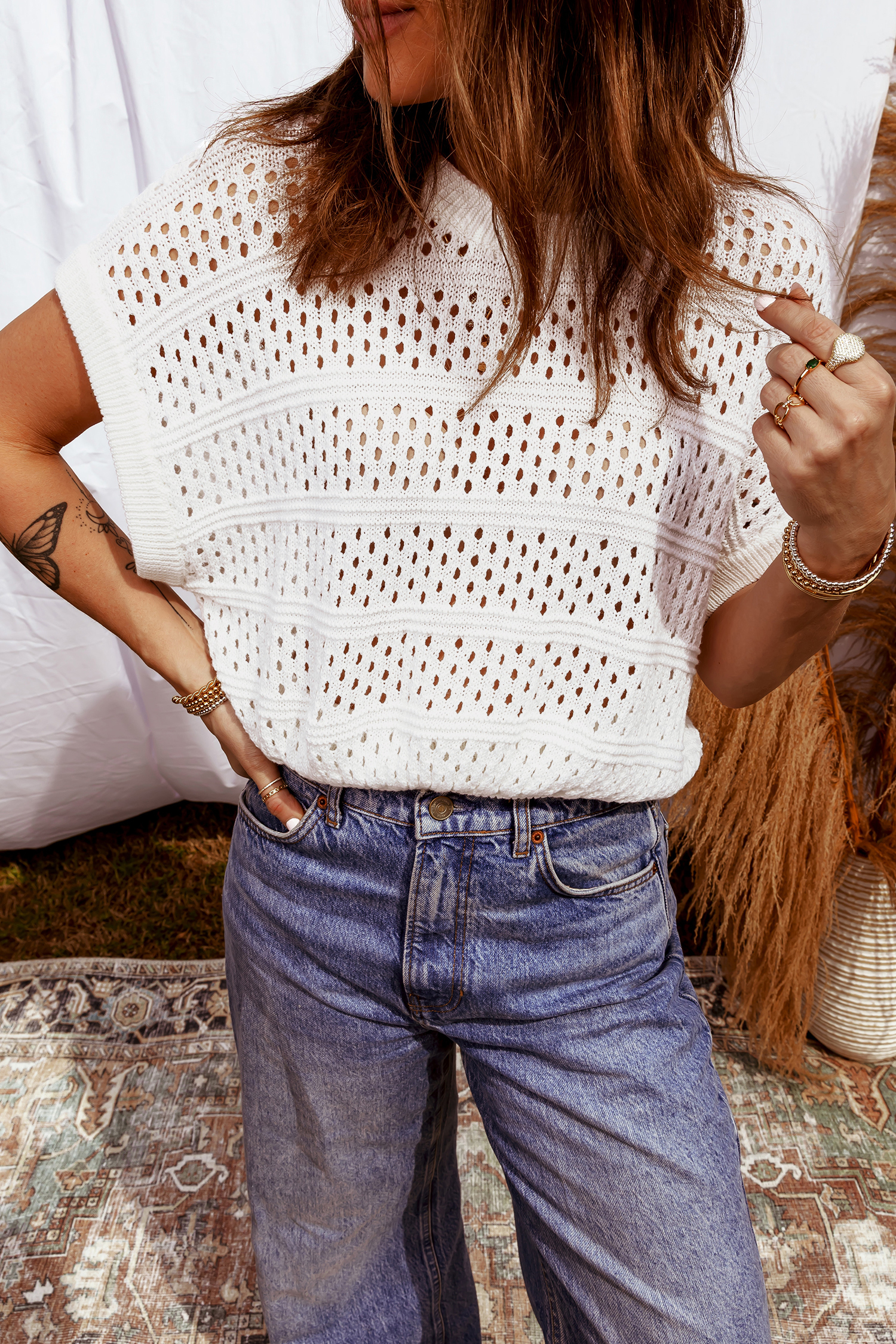 White Hollow Out Knit Round Neck Dolman Sweater